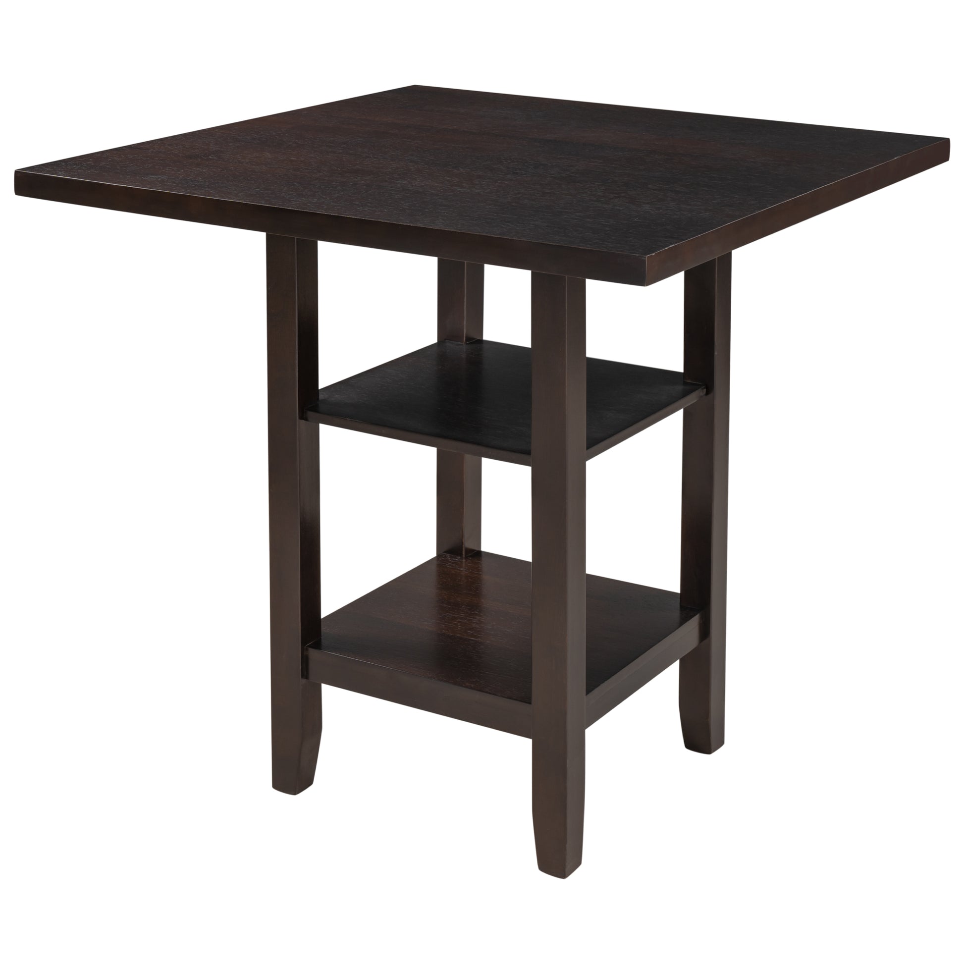 Dark brown square pub table with two lower shelves