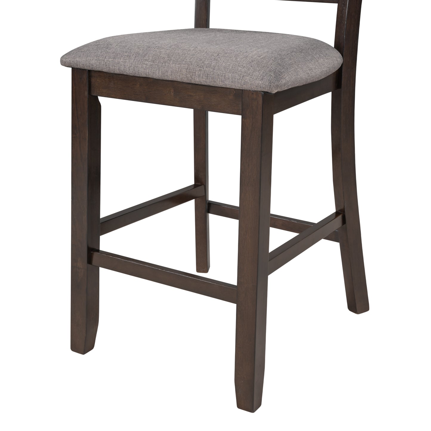Dark wood bar stool with grey upholstered seat