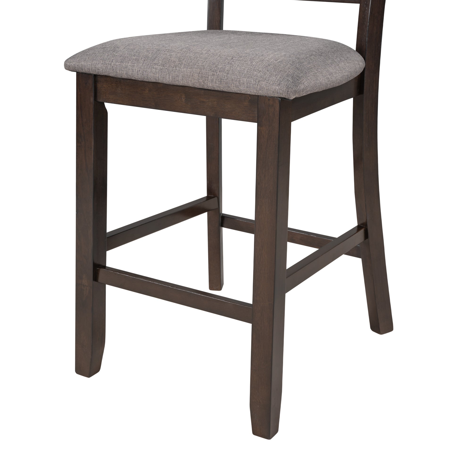 Dark wood bar stool with grey upholstered seat