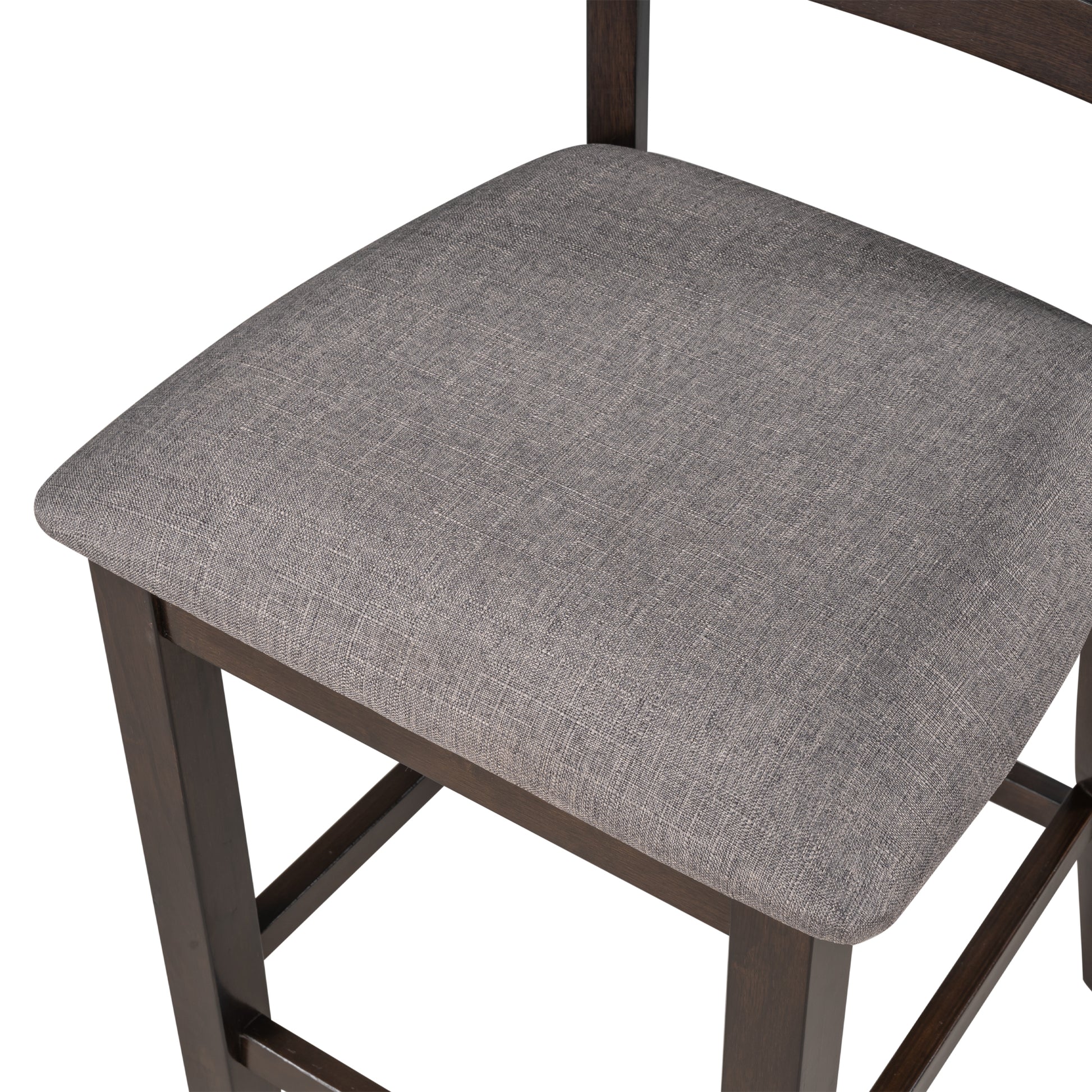Closeup of a grey linen upholstered seat on a dark wood bar stool