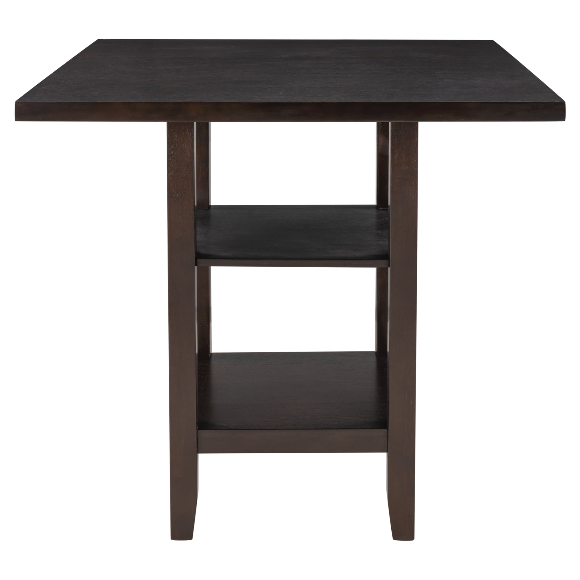 Dark espresso rectangular end table with two open shelves and sturdy wooden legs