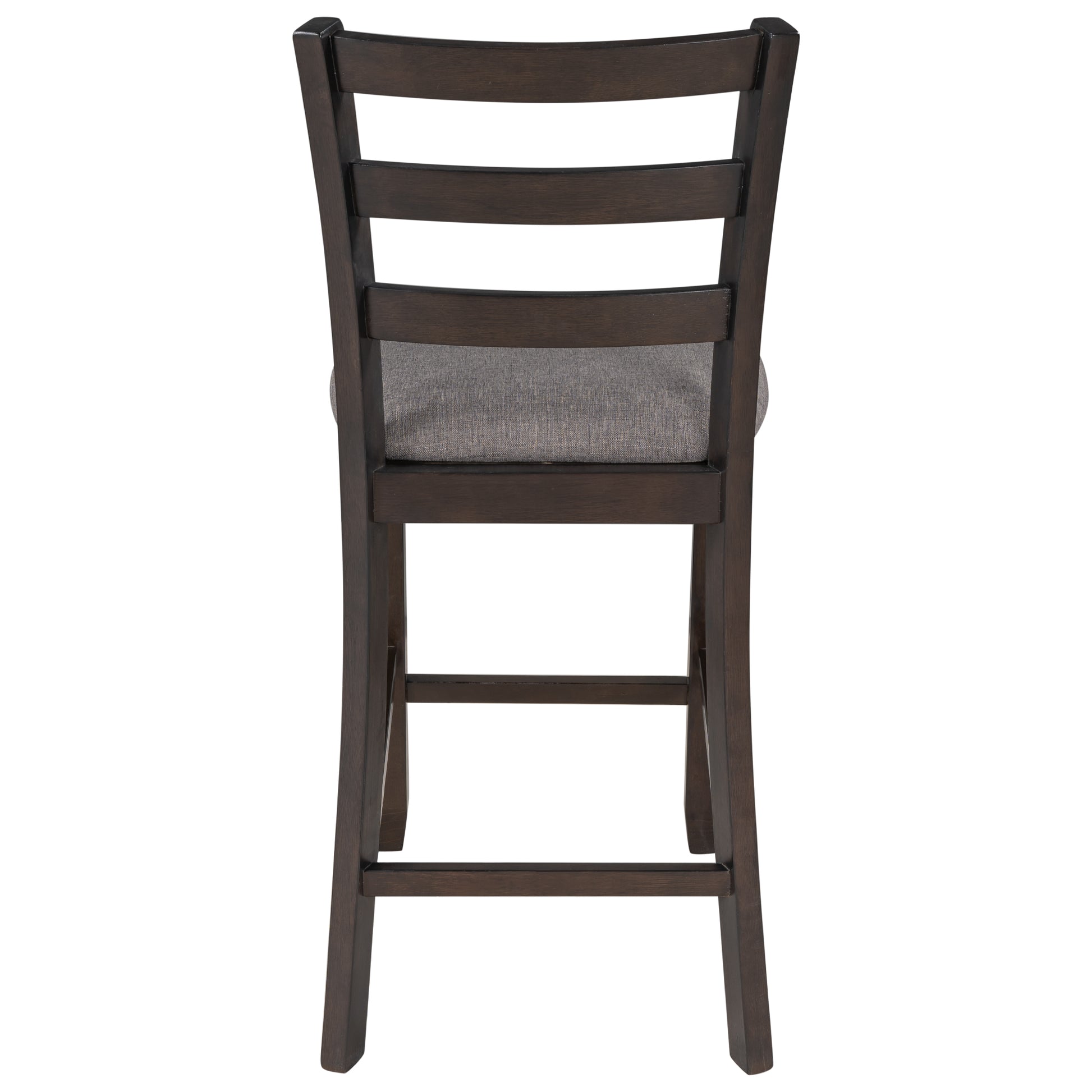 Dark wood ladder back bar stool with gray fabric seat
