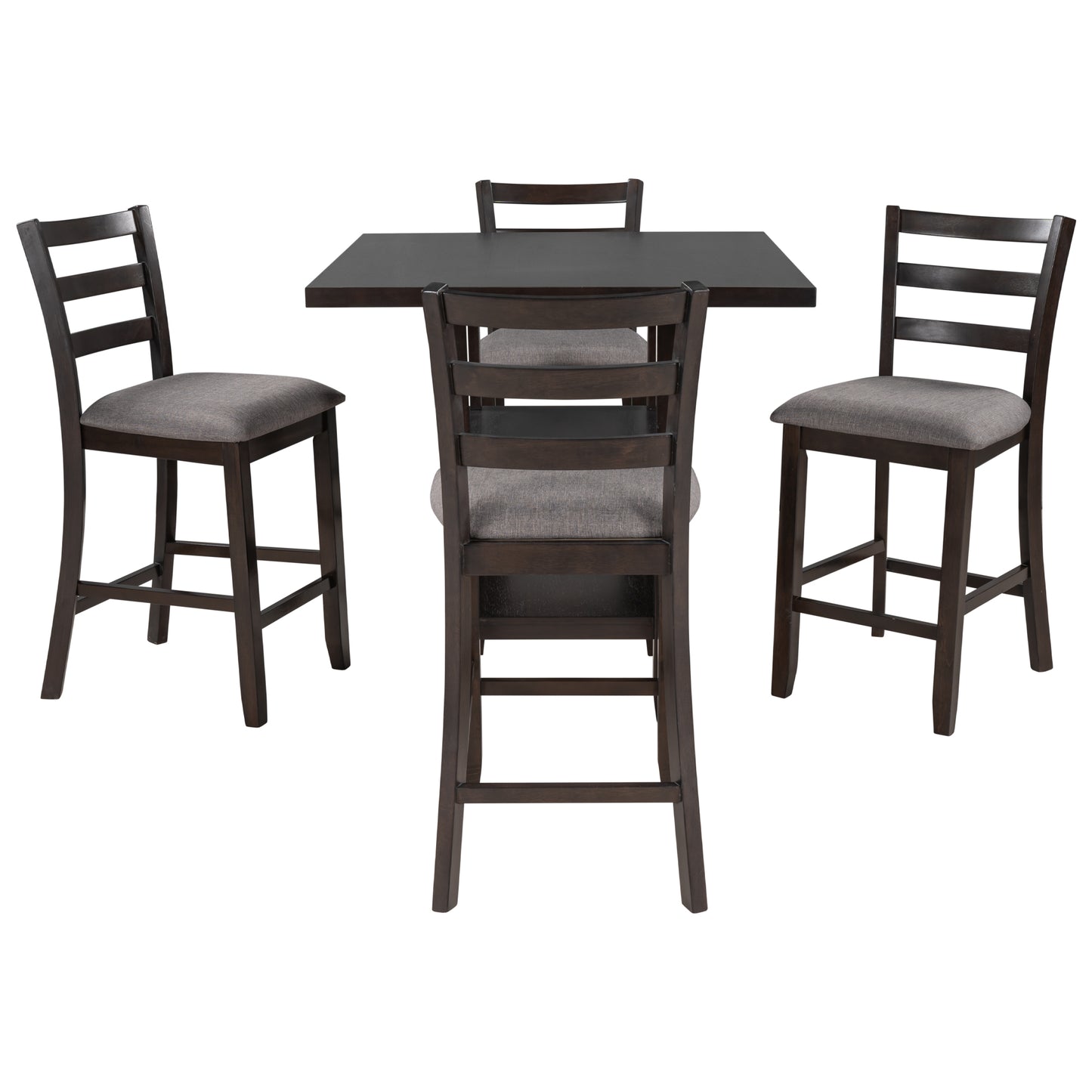 Dark brown counter height dining set with upholstered gray seats