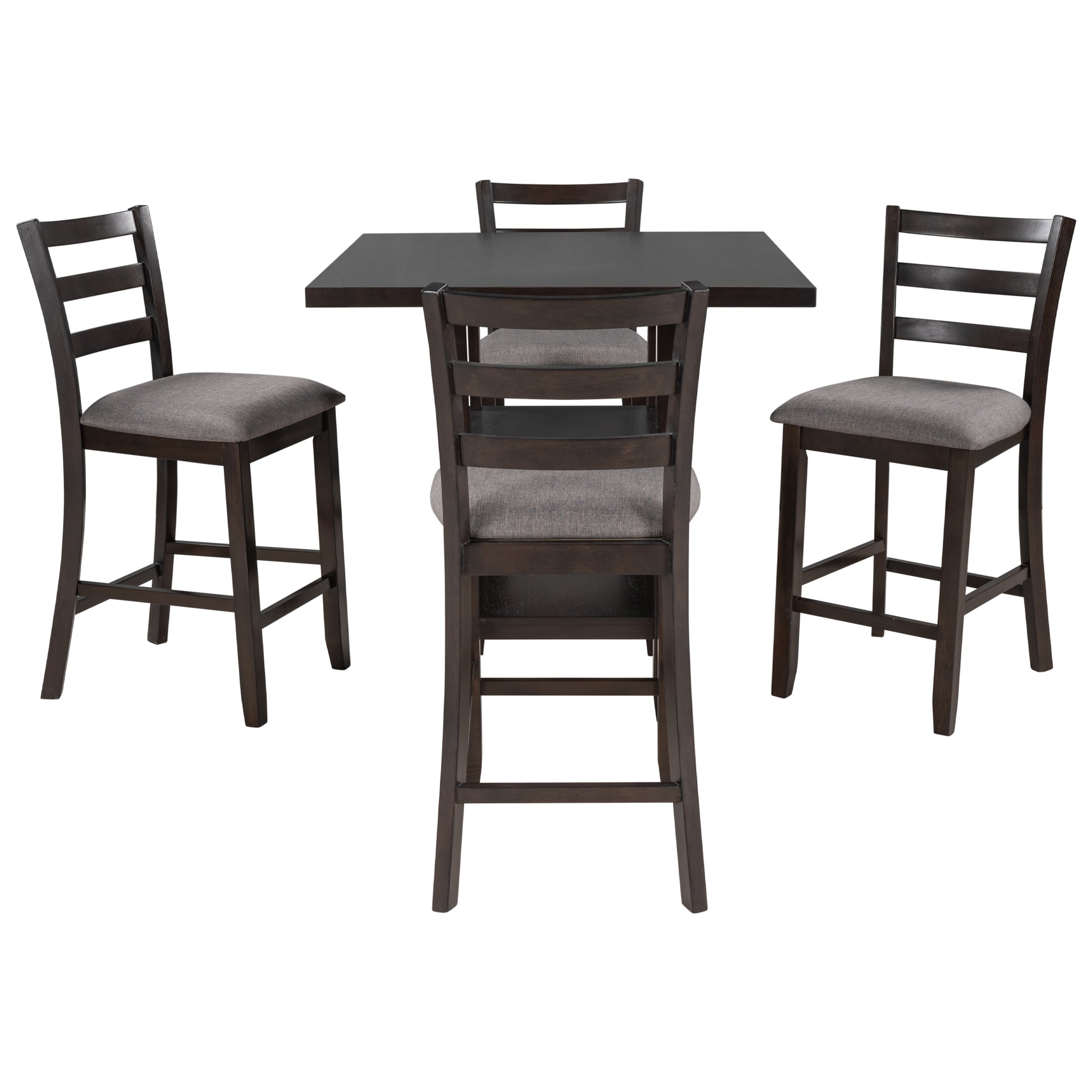Dark brown counter height dining set with upholstered gray seats