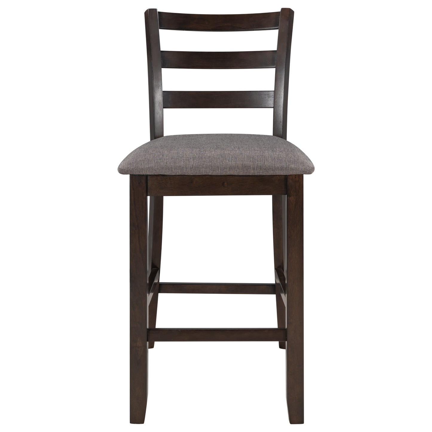 Dark wood ladder back bar stool with gray upholstered seat