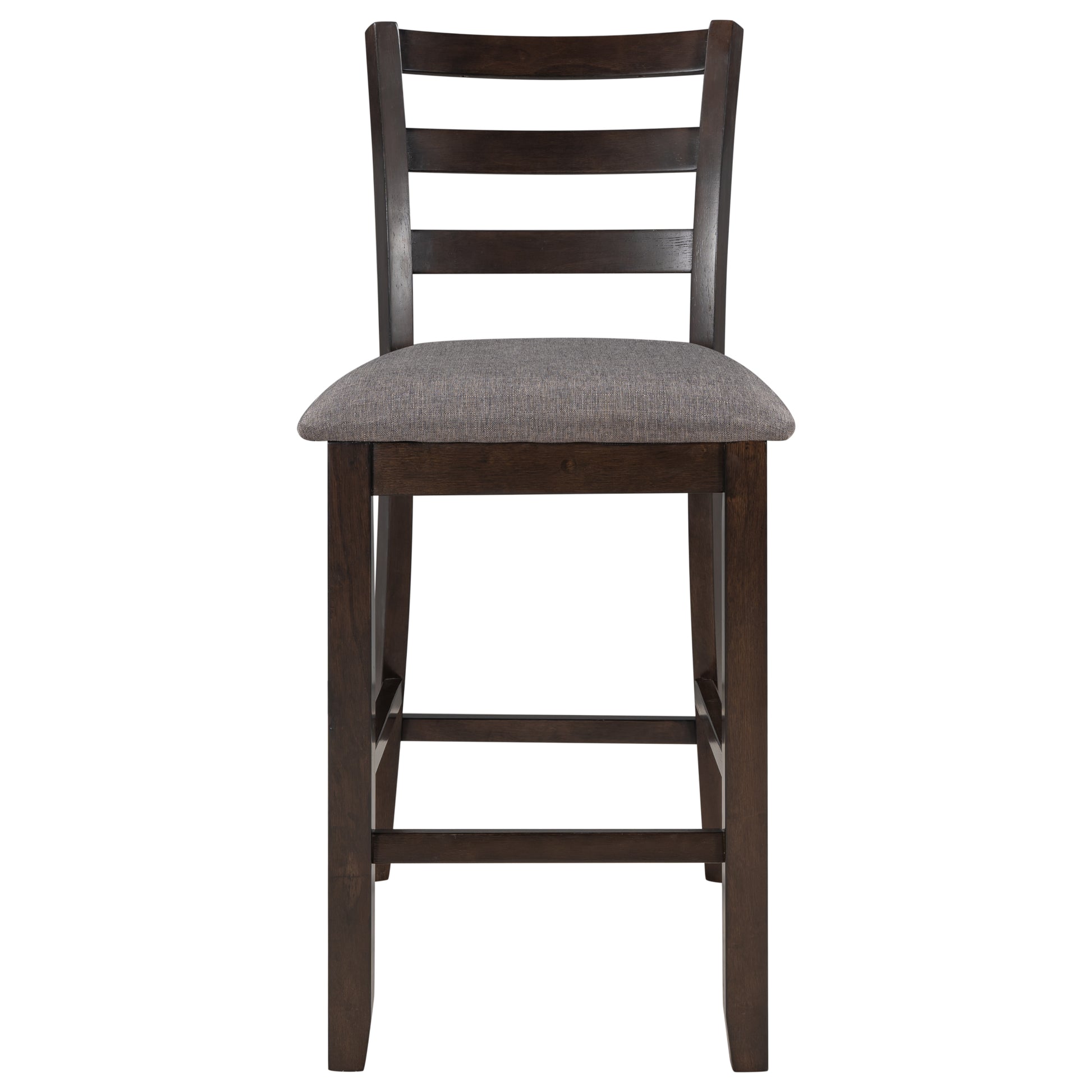 Dark wood ladder back bar stool with gray upholstered seat