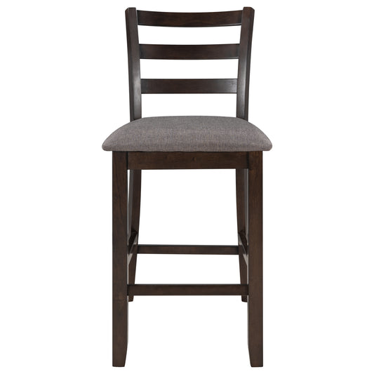 Dark wood ladder back bar stool with gray upholstered seat