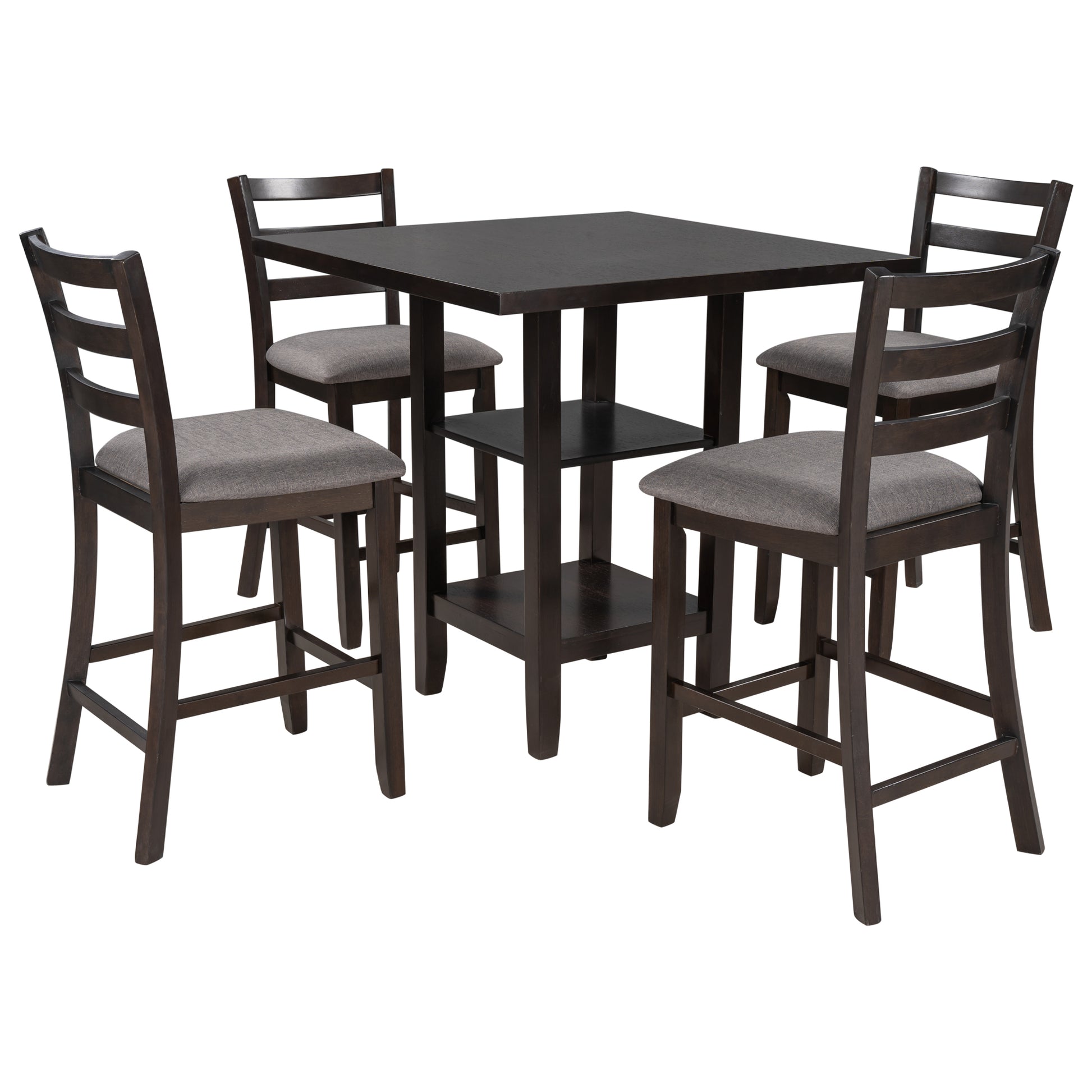 Dark wood counter height table and chairs set with upholstered seats
