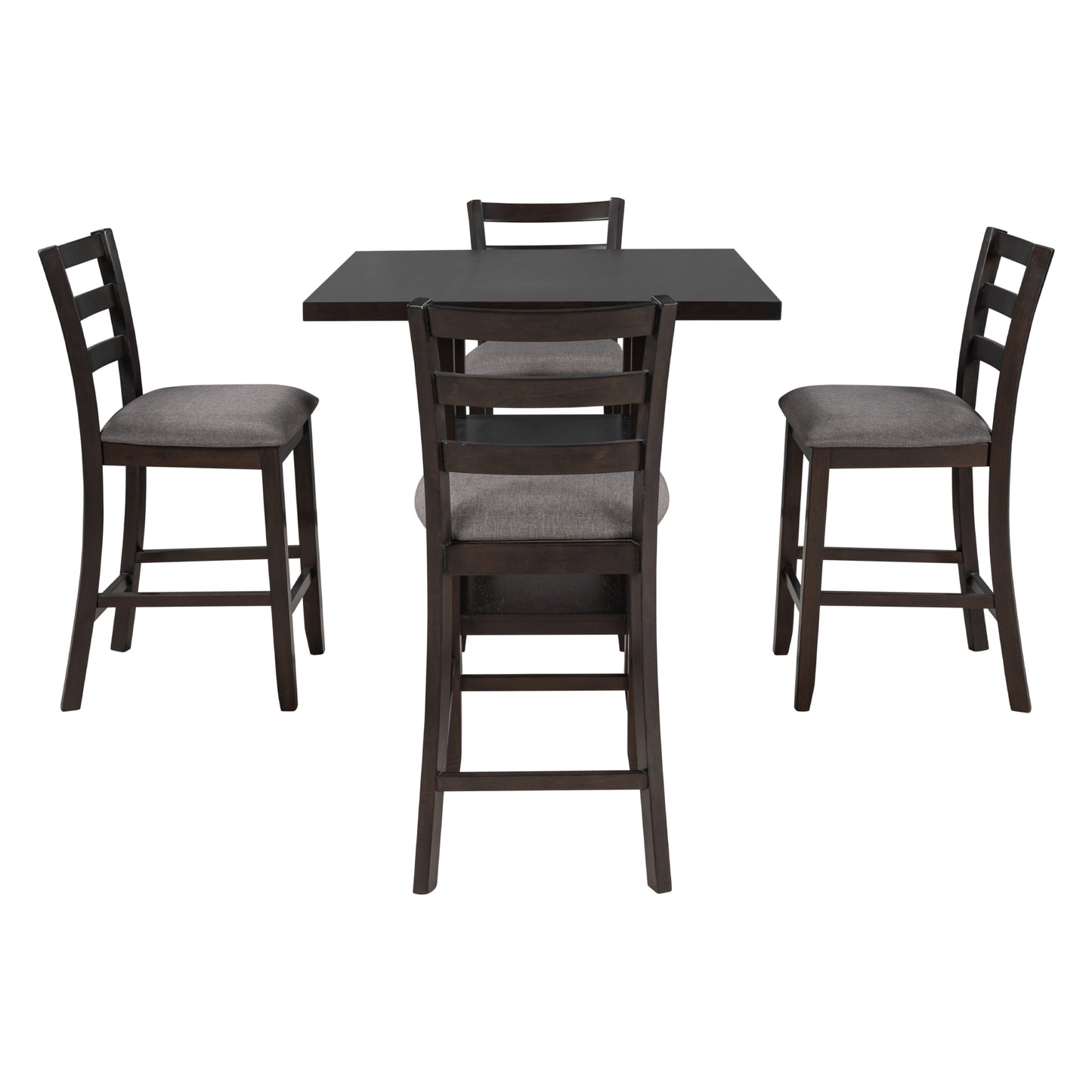 Dark brown wood counterheight table with four upholstered gray seat bar stools
