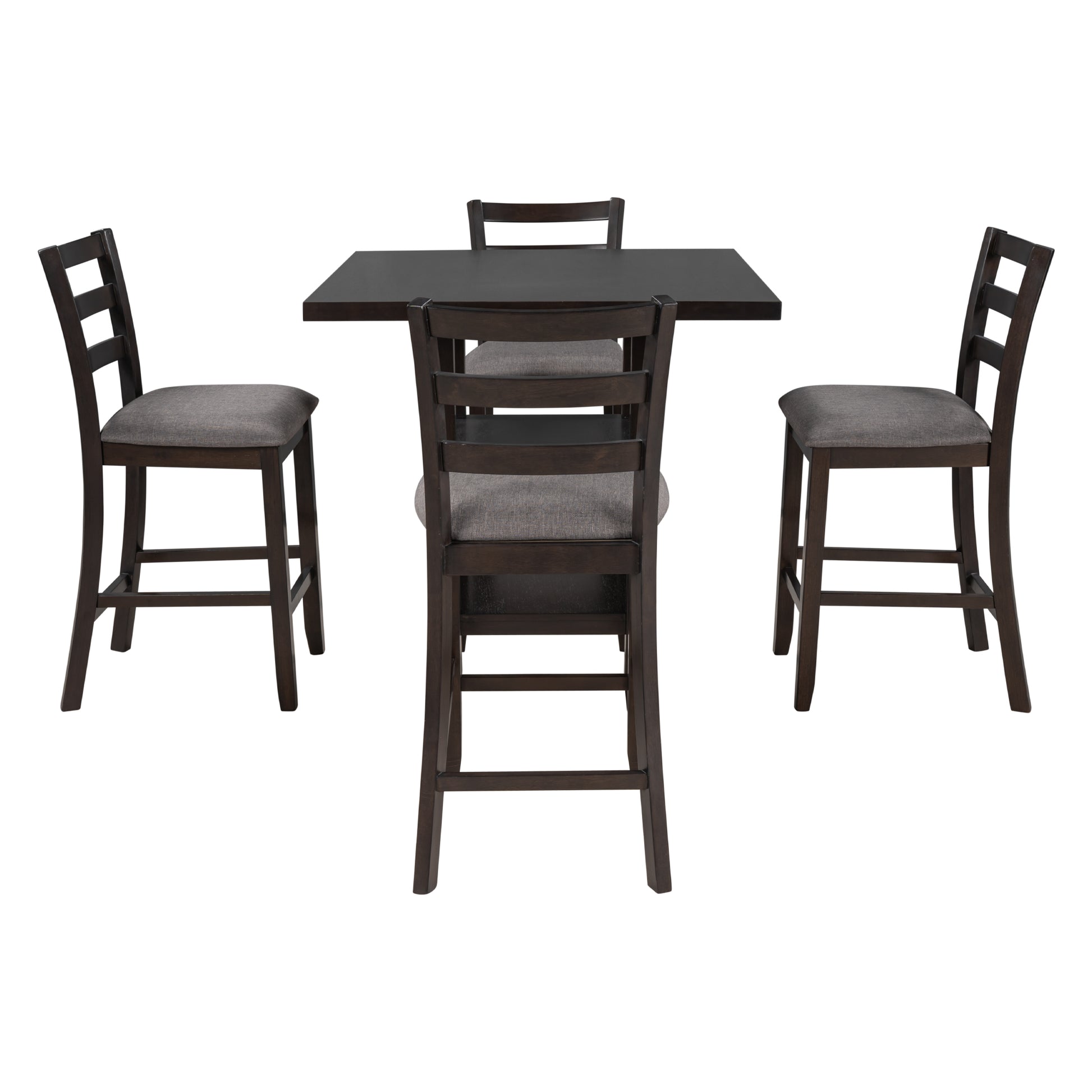 Dark brown wood counterheight table with four upholstered gray seat bar stools
