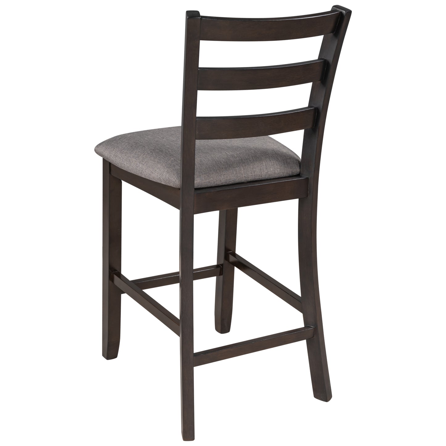 Dark espresso bar stool with a grey linen upholstered seat and slatted back