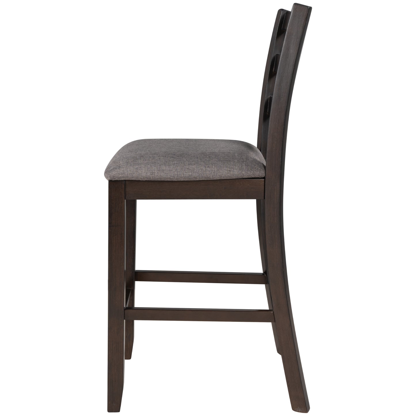 Dark wood counter stool with grey upholstered seat and carved backrest