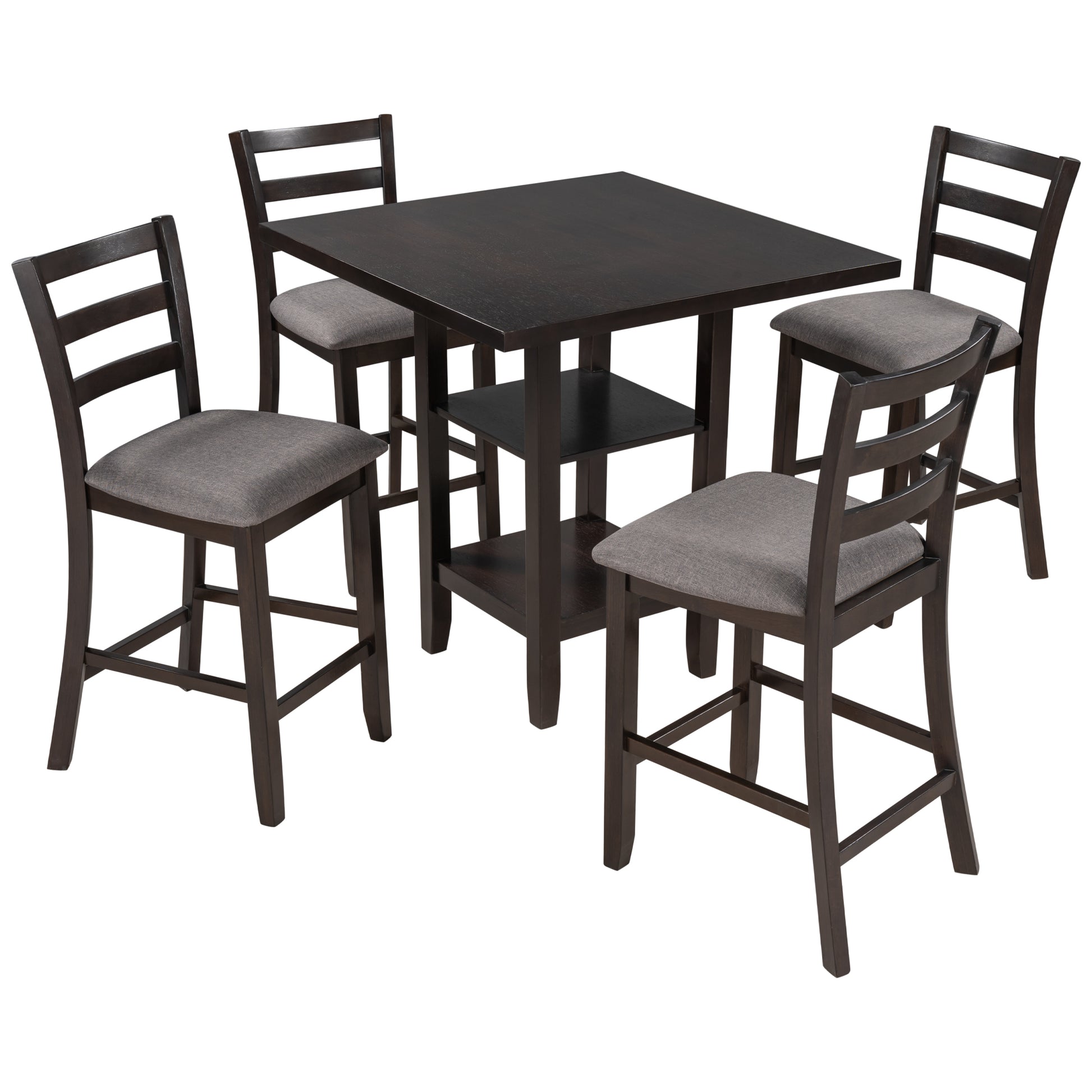 Dark espresso finish counter height table with four grey upholstered stools and central shelf