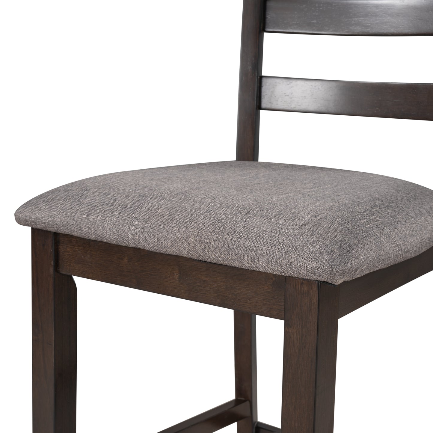 Dark wood bar stool with a textured gray fabric seat perfect for kitchen islands