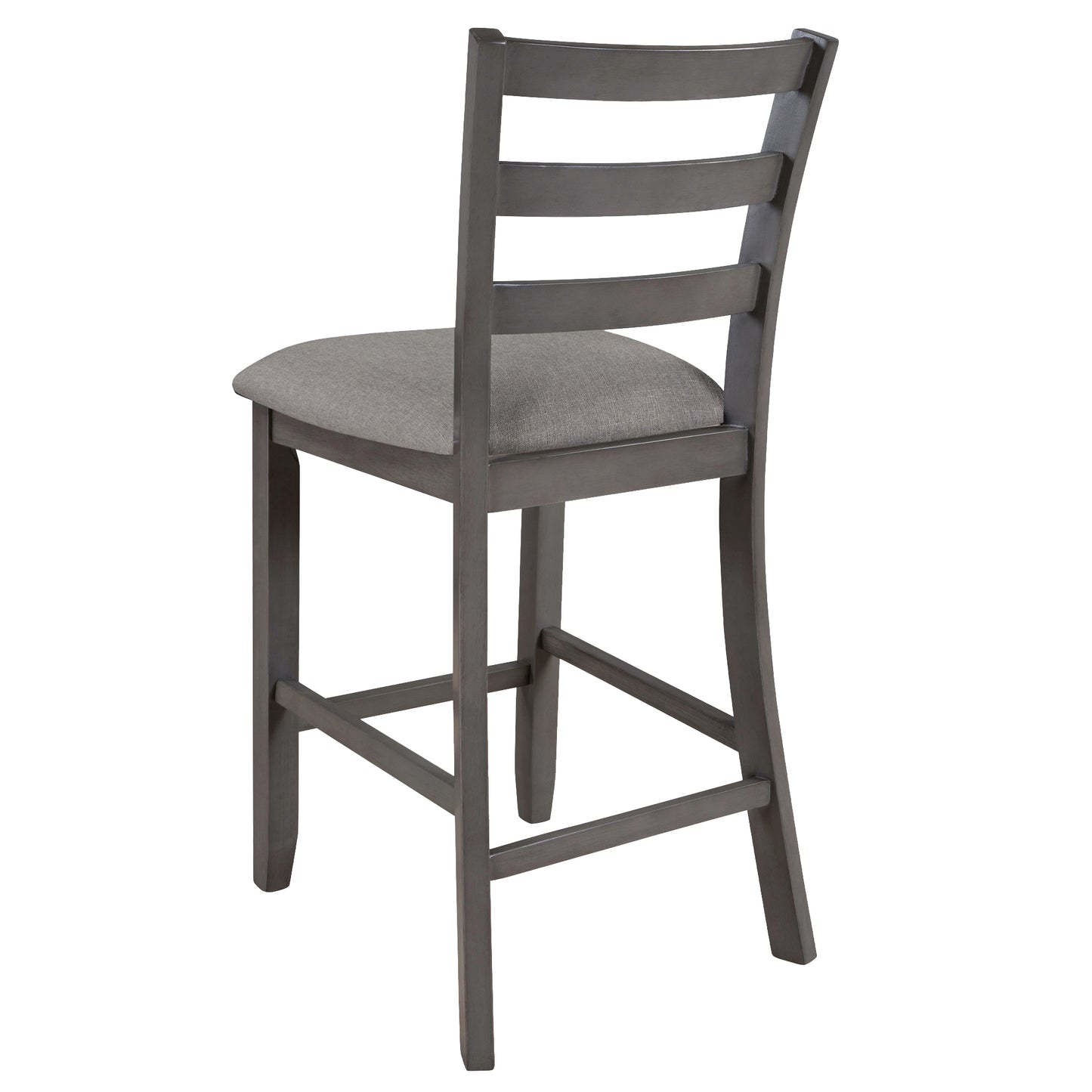 Gray wooden ladder back bar stool with upholstered seat