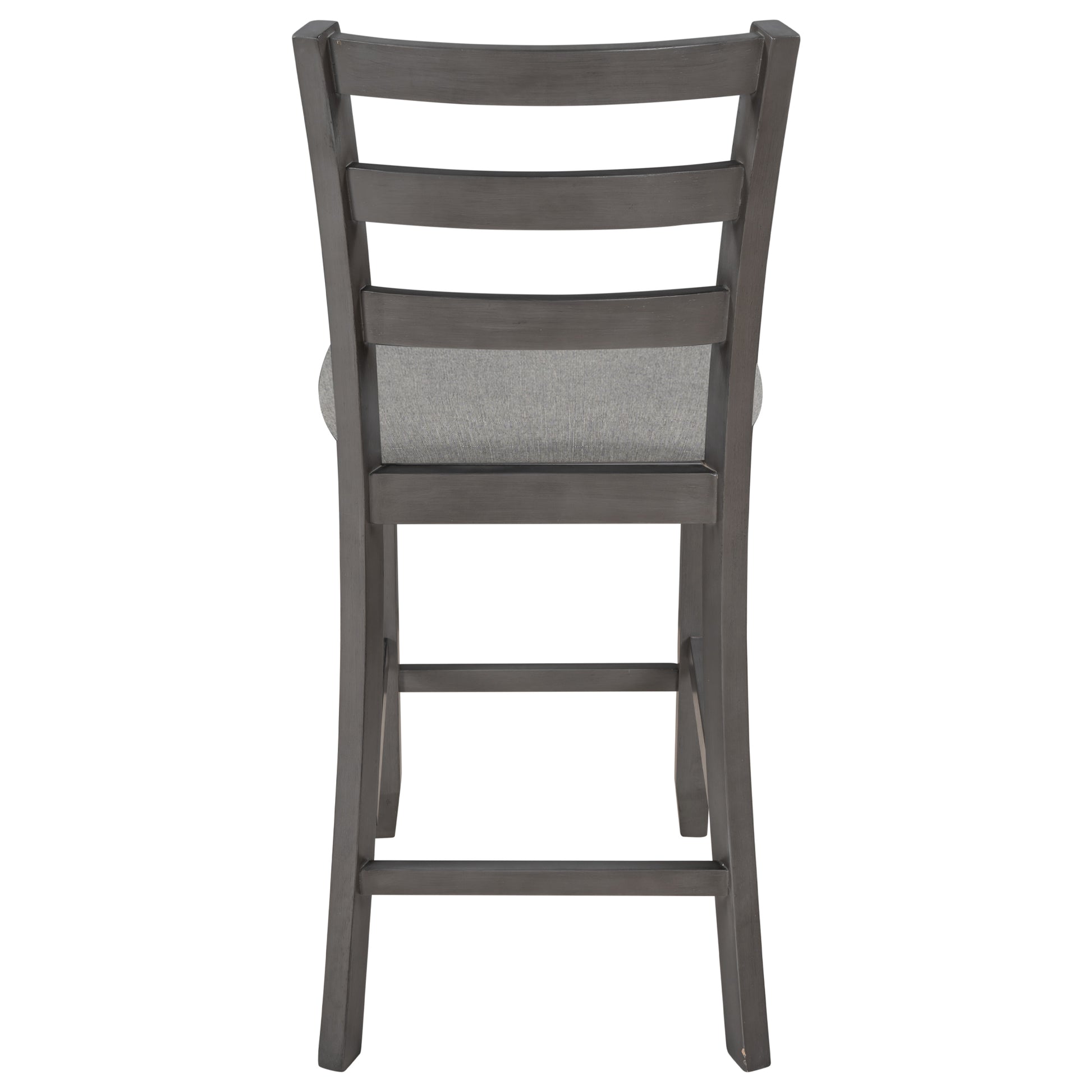 Gray wooden bar stool with upholstered seat and horizontal back slats