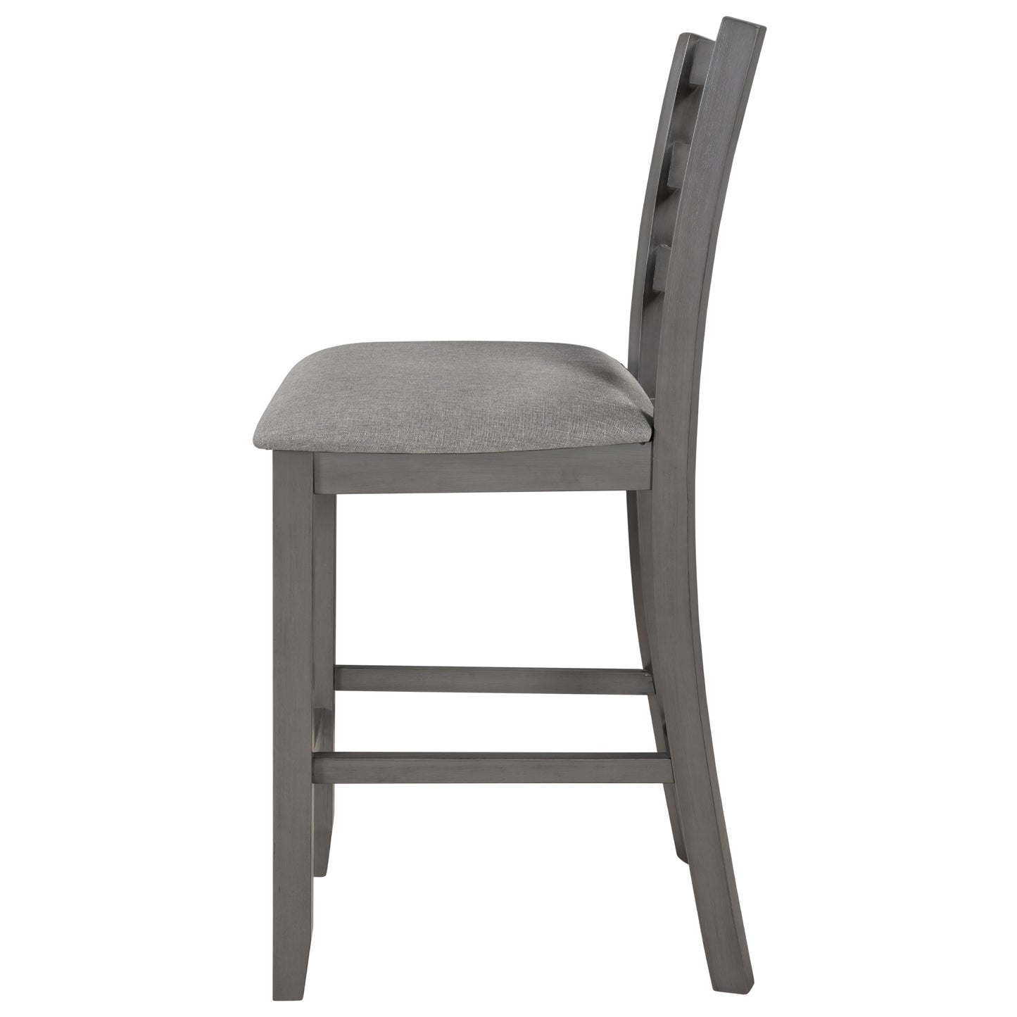 Grey fabric upholstered counter stool with carved backrest and wooden legs