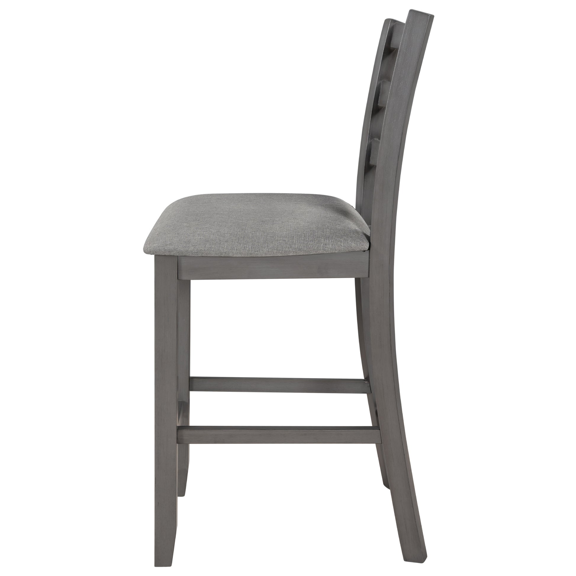 Grey fabric upholstered counter stool with carved backrest and wooden legs