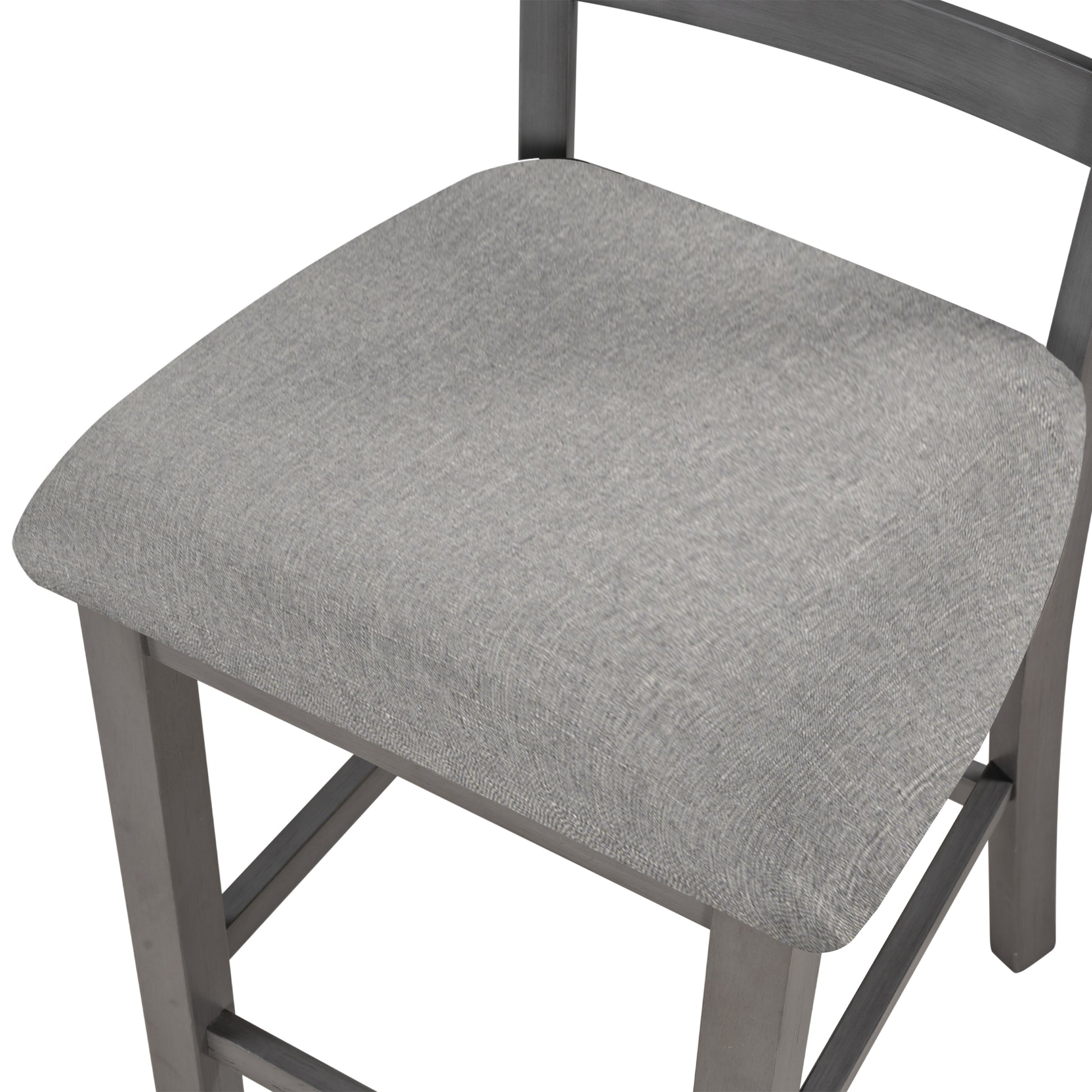 Closeup of upholstered grey counter stool seat