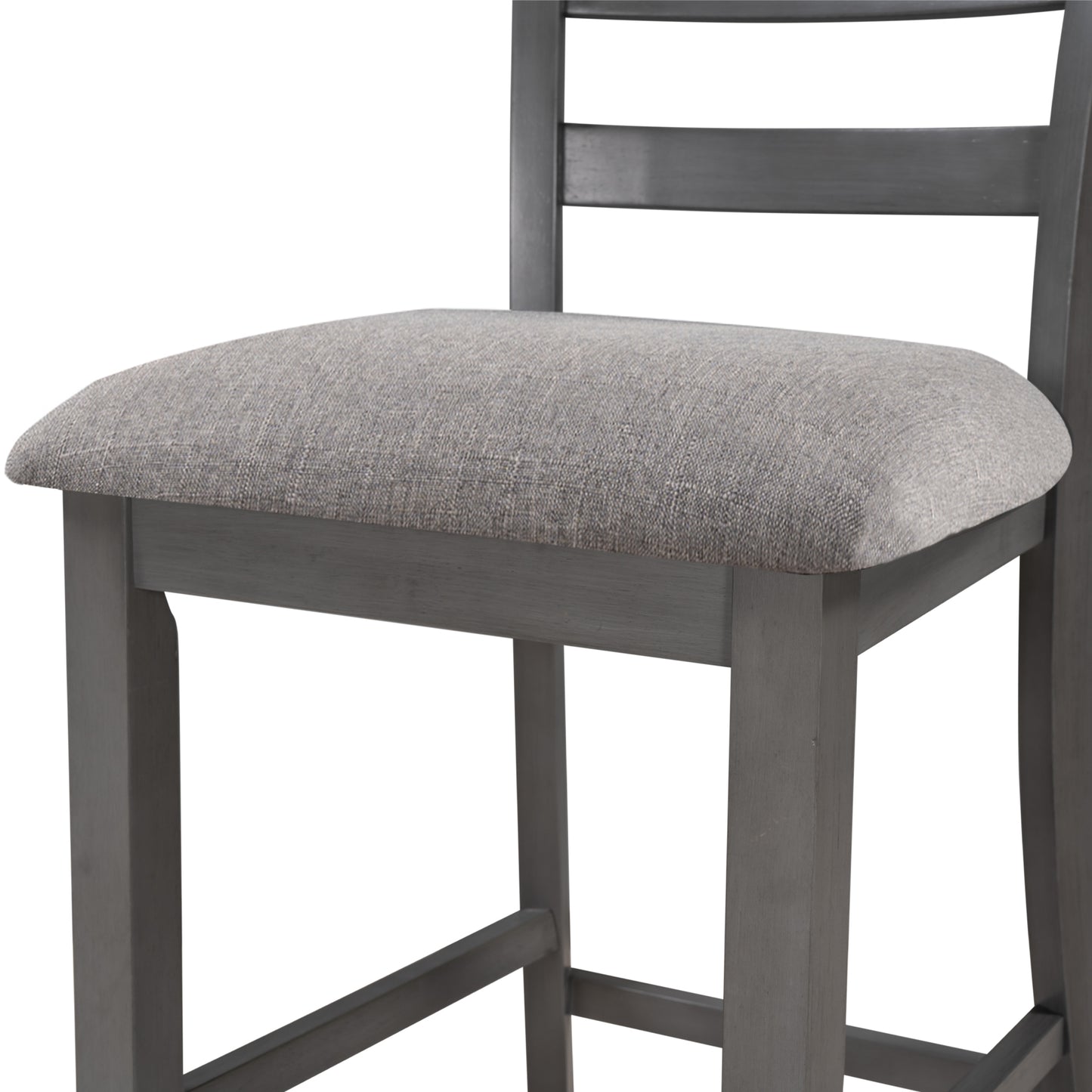 Gray upholstered bar stool with a wooden frame