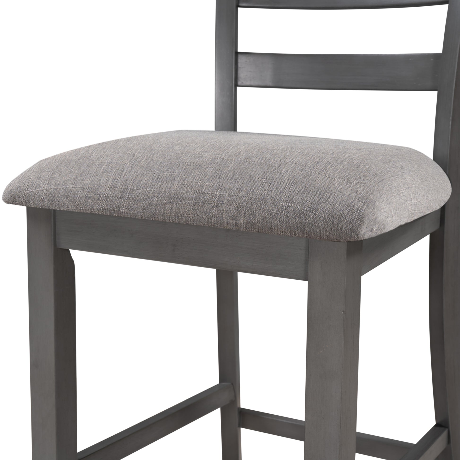 Gray upholstered bar stool with a wooden frame