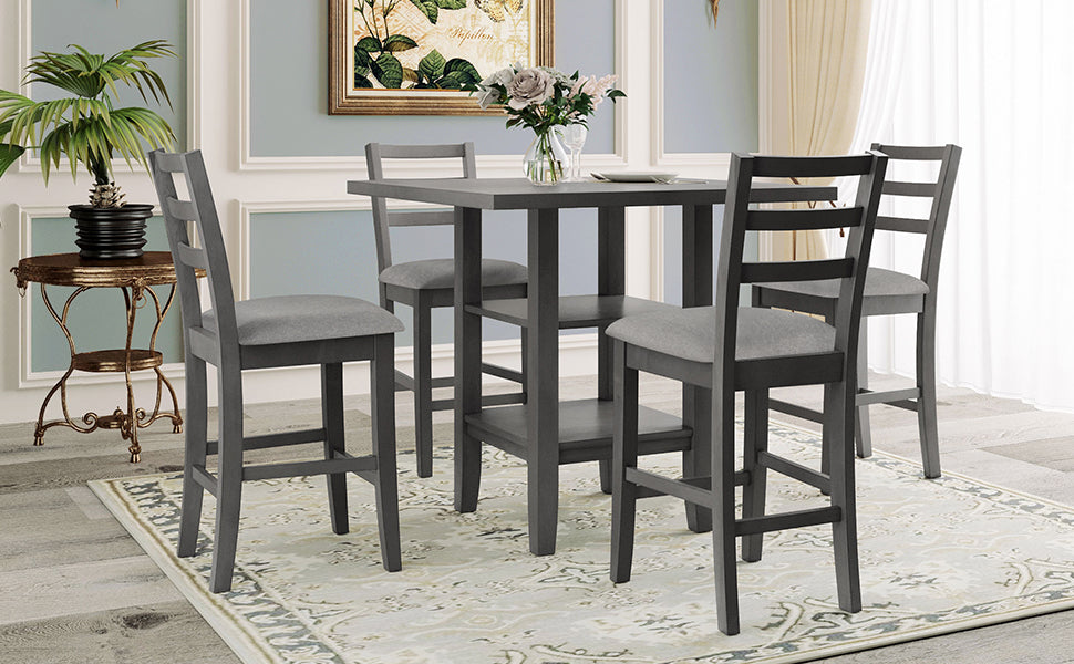 Gray counterheight dining set with upholstered seats and builtin shelving