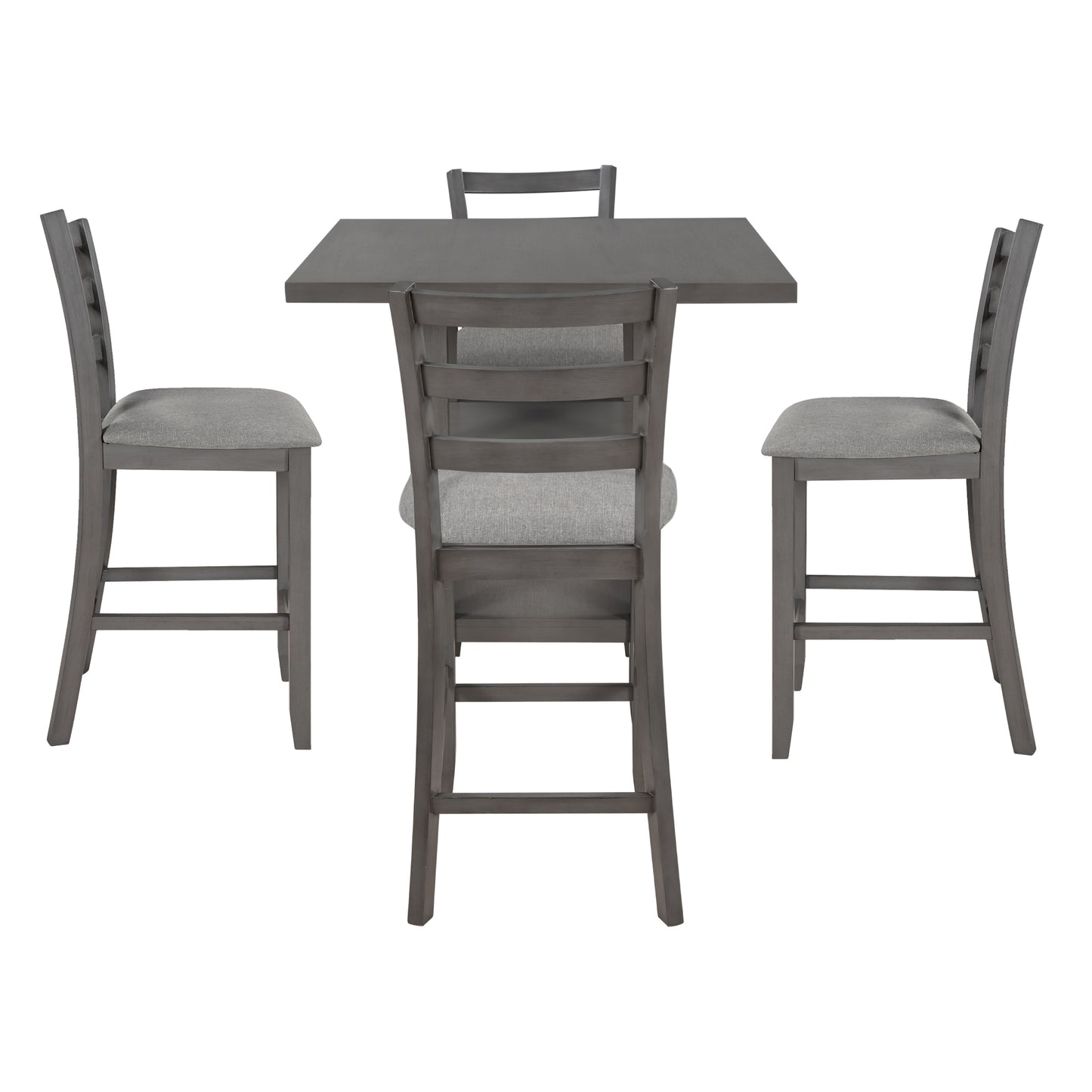 Gray wooden counterheight table with upholstered gray stools for a breakfast nook
