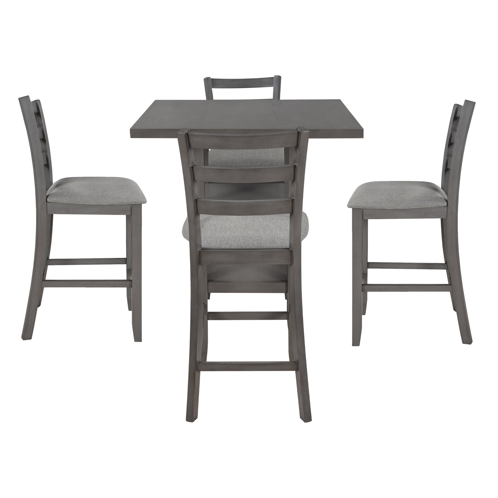 Gray wooden counterheight table with upholstered gray stools for a breakfast nook