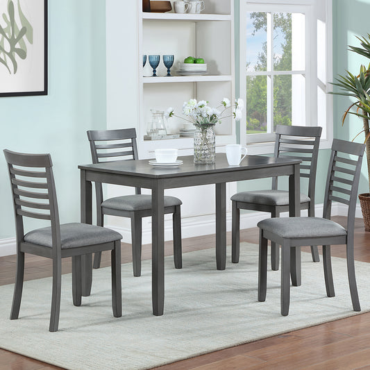 Grey wooden dining table with upholstered chairs