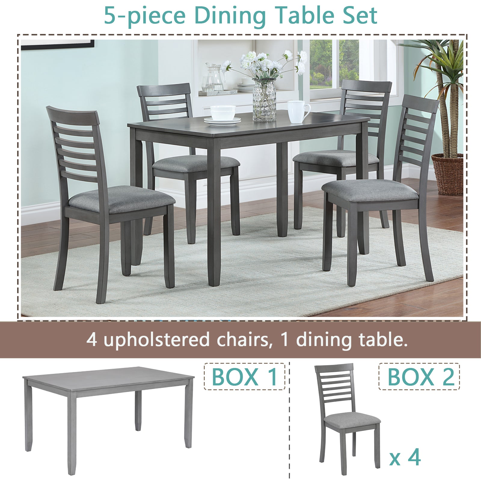 Gray wooden dining table with upholstered chairs