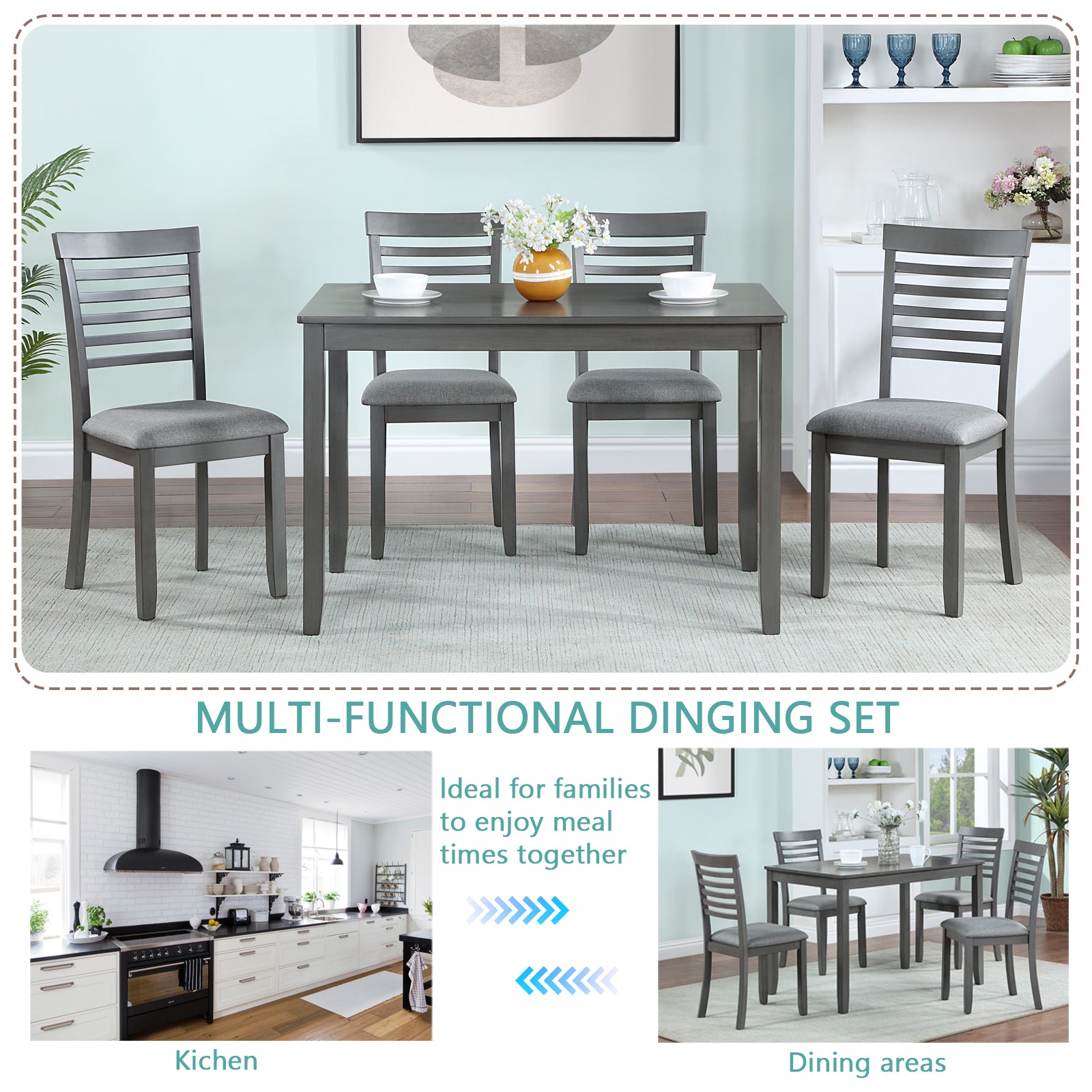 Gray wooden dining set with upholstered chairs