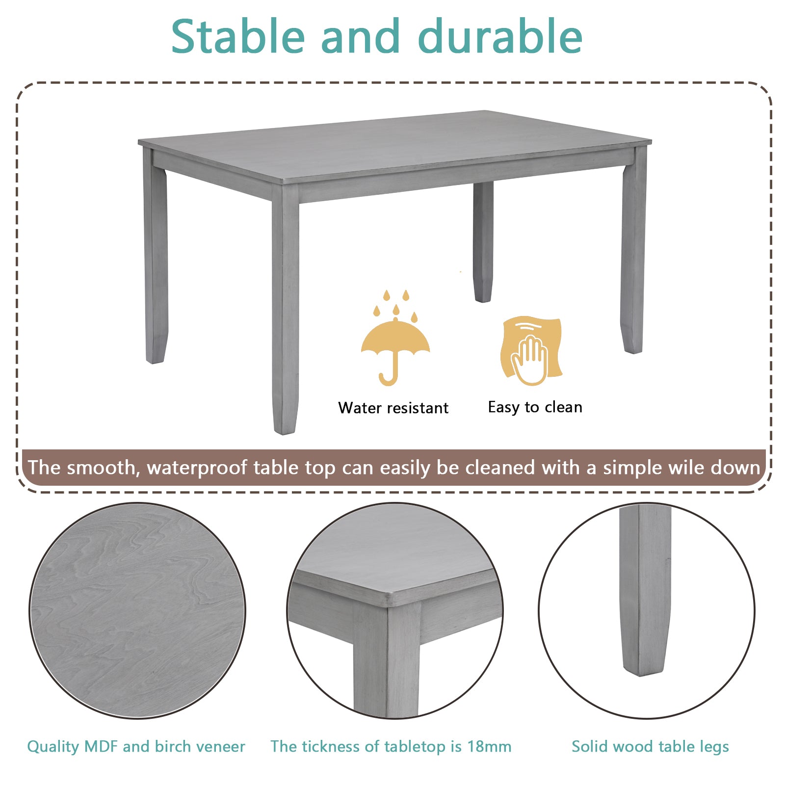 Gray wooden dining table with clean lines