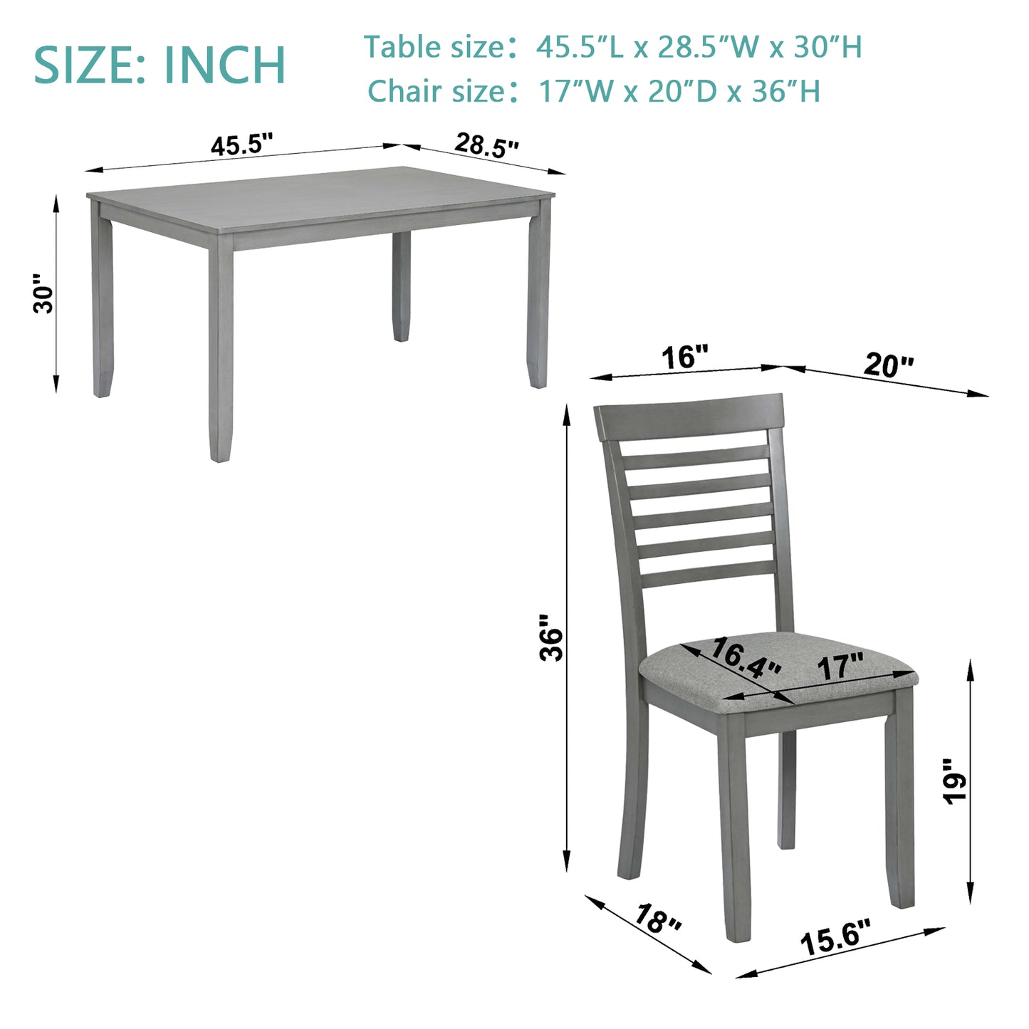 Gray dining table and chair set with dimensions