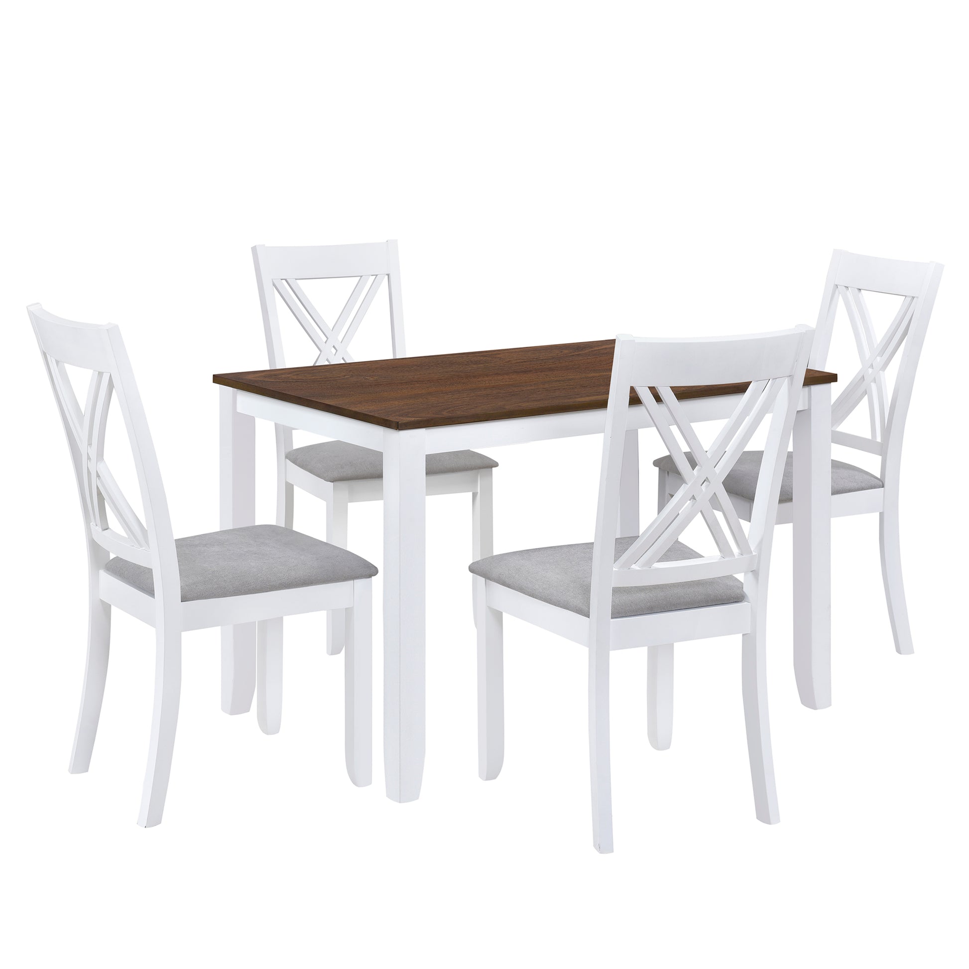 White dining set with dark wood tabletop and grey upholstered chairs