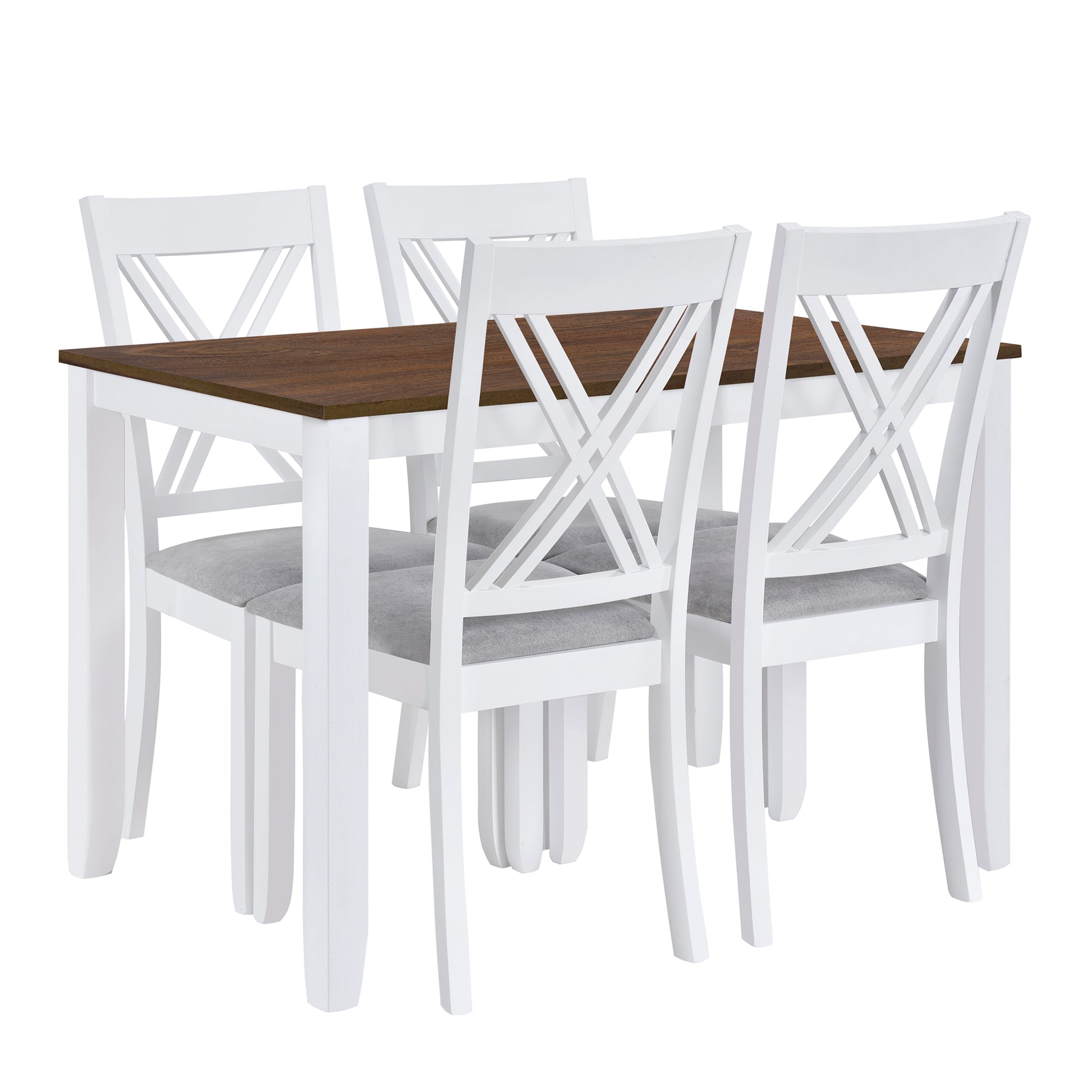 White dining table set with wood top and four grey upholstered chairs