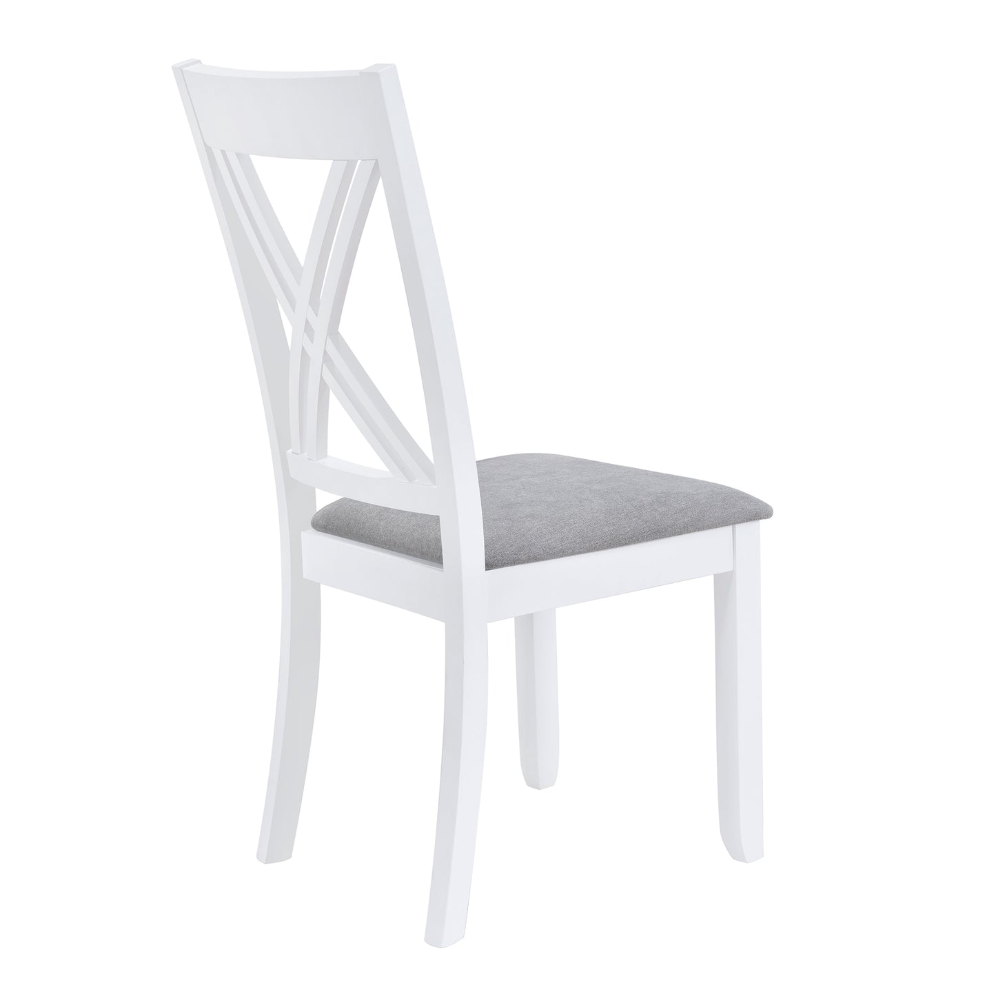 White wooden dining chair with gray upholstered seat and crisscross back