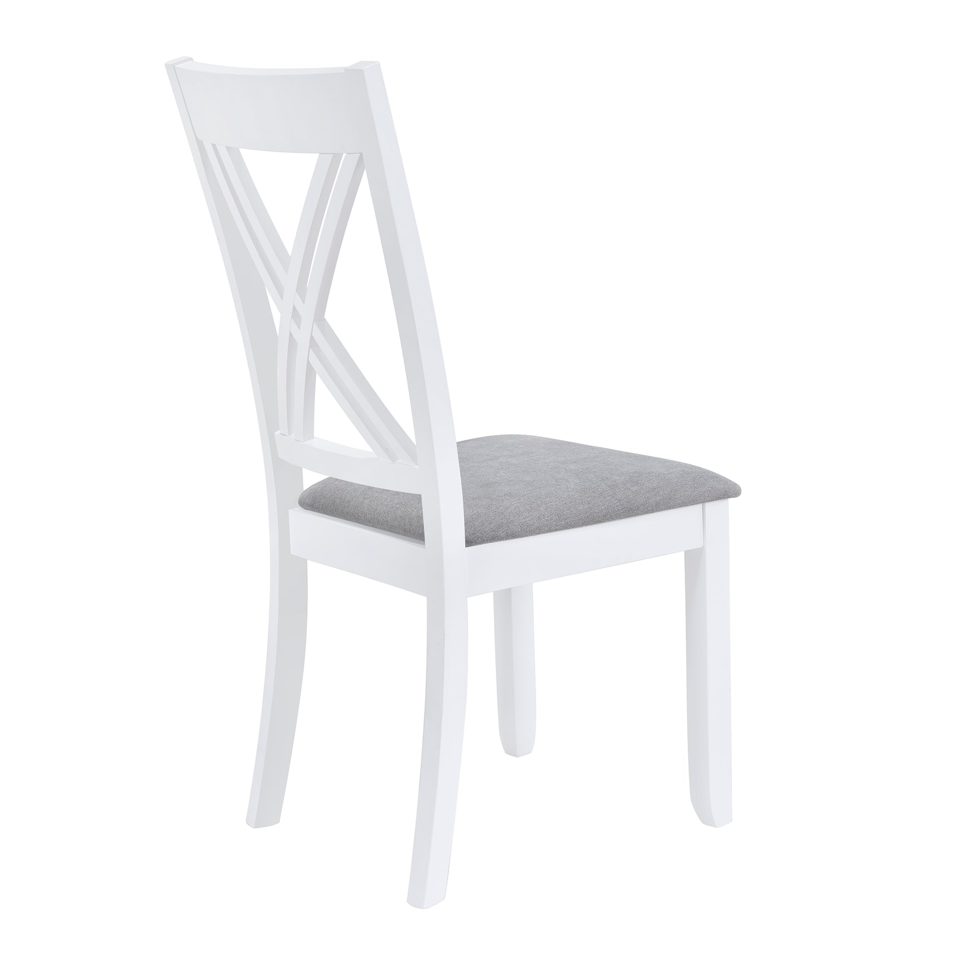 White wooden dining chair with gray upholstered seat and crisscross back
