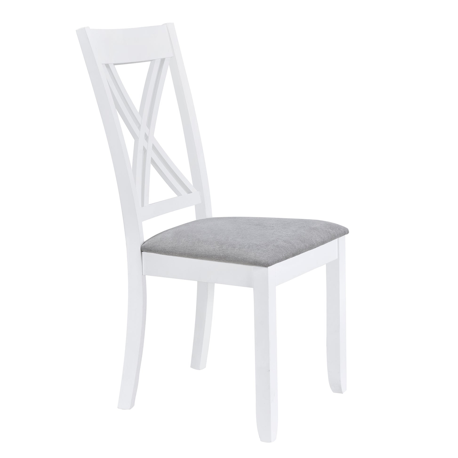 White wooden dining chair with grey fabric seat and crisscross backrest