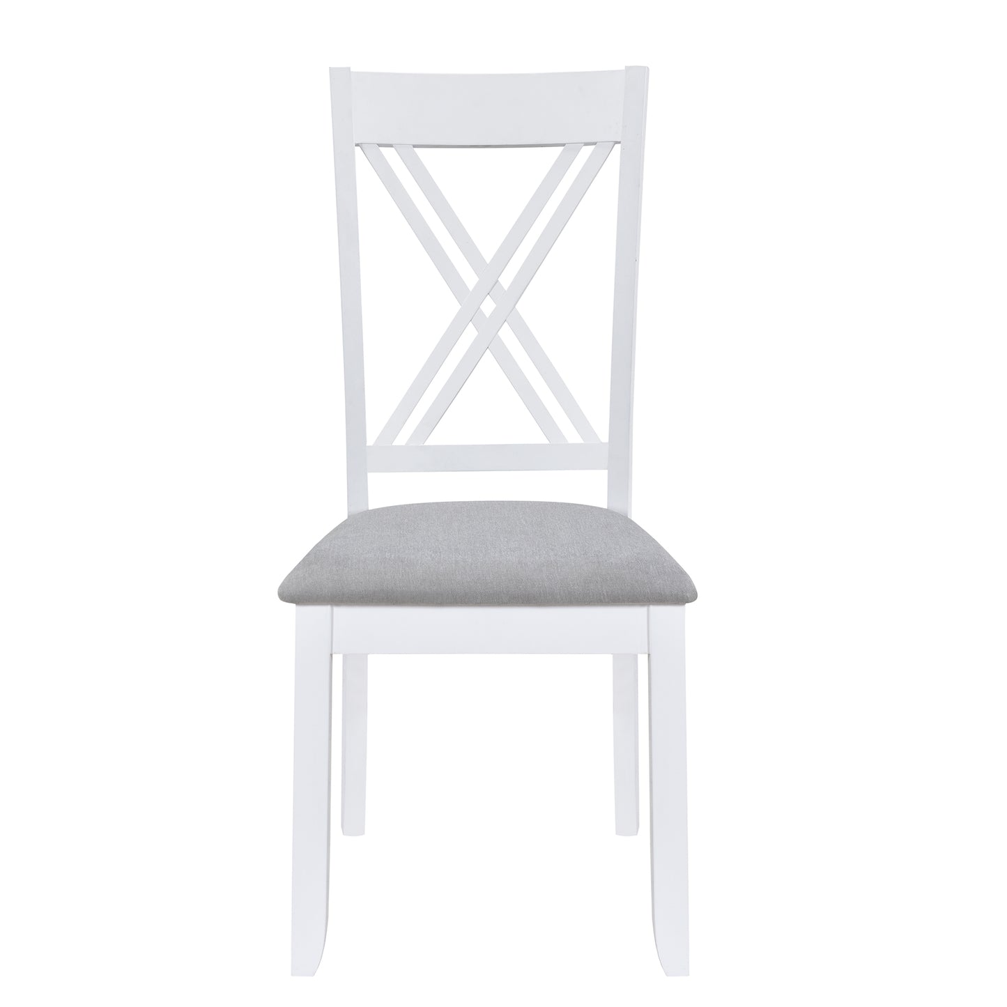 White wooden dining chair with grey upholstered seat and Xback design