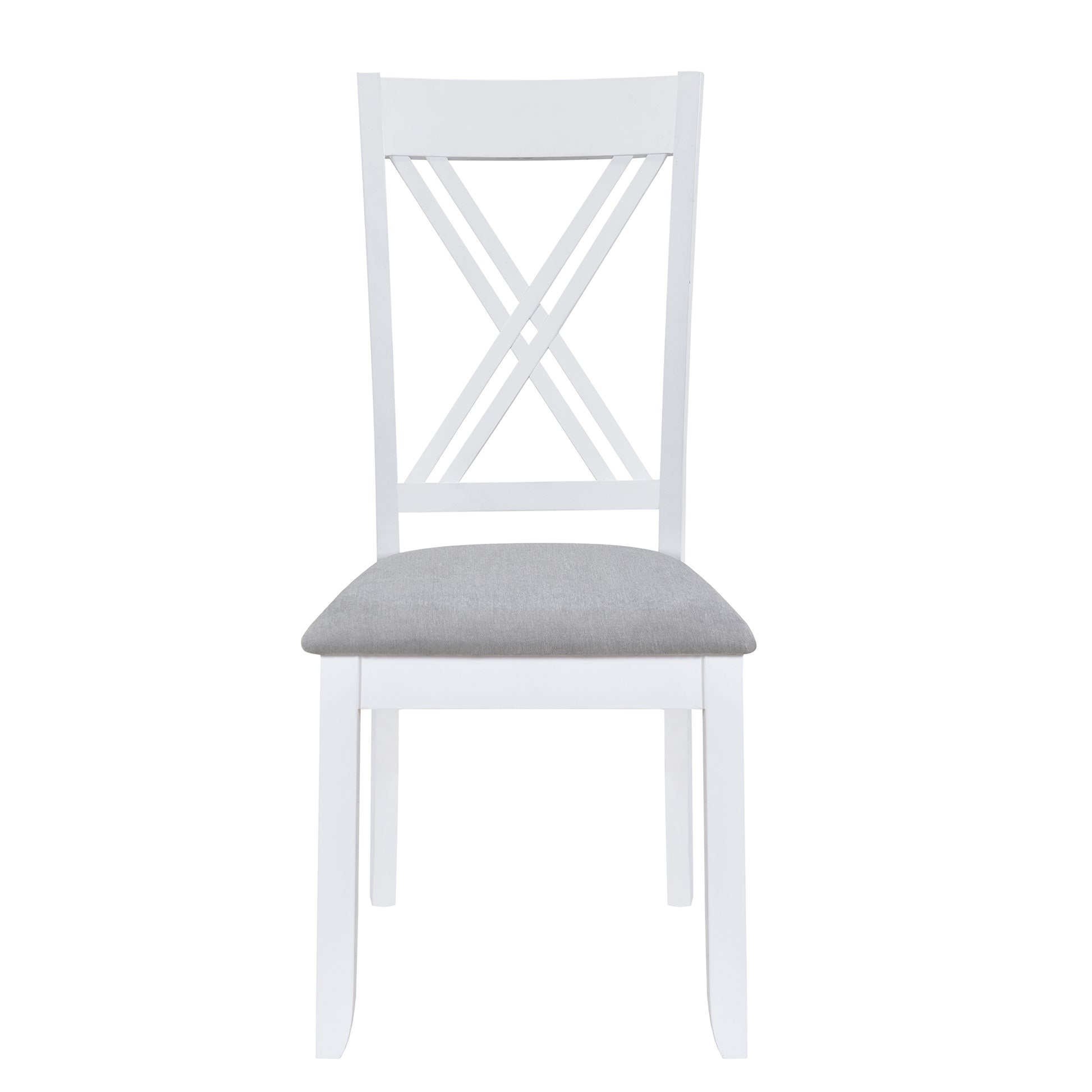 White wooden dining chair with grey upholstered seat and Xback design