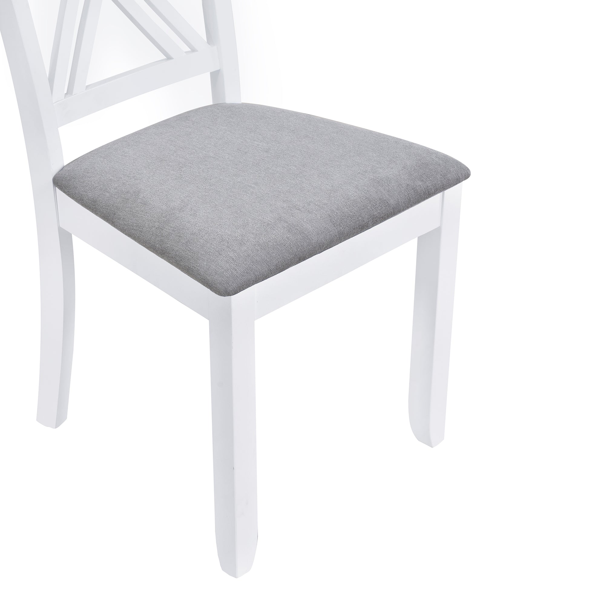 White dining chair with grey fabric seat and crossback design