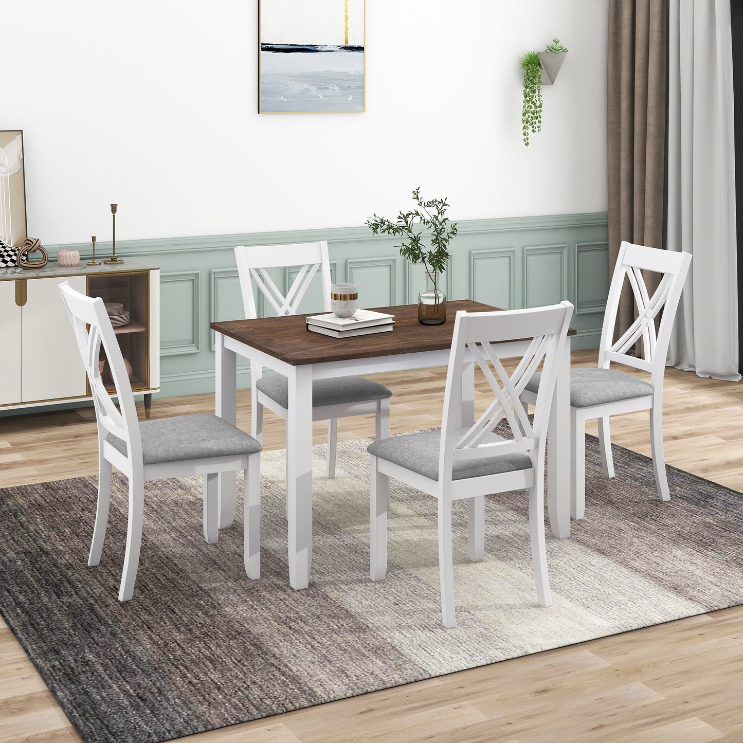 White wood dining chairs with grey upholstered seats around a dark wood table