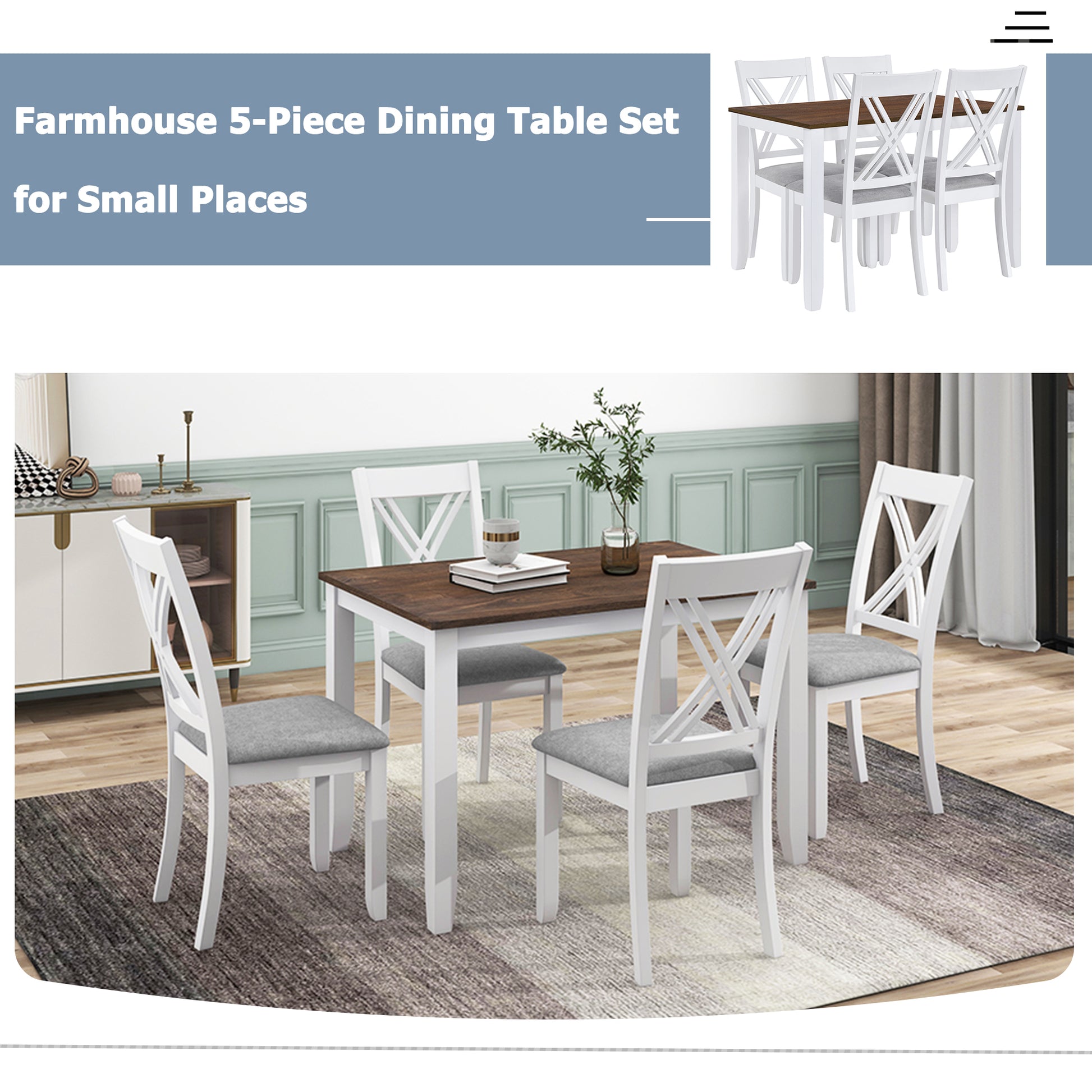 White farmhouse dining table set with four upholstered chairs and dark wood top
