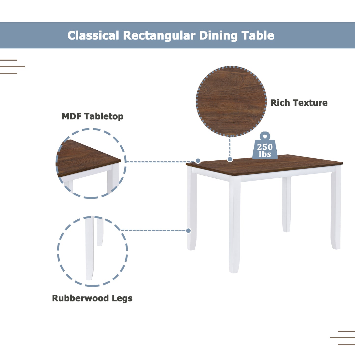 Classical rectangular dining table with rich walnut MDF tabletop and white rubberwood legs