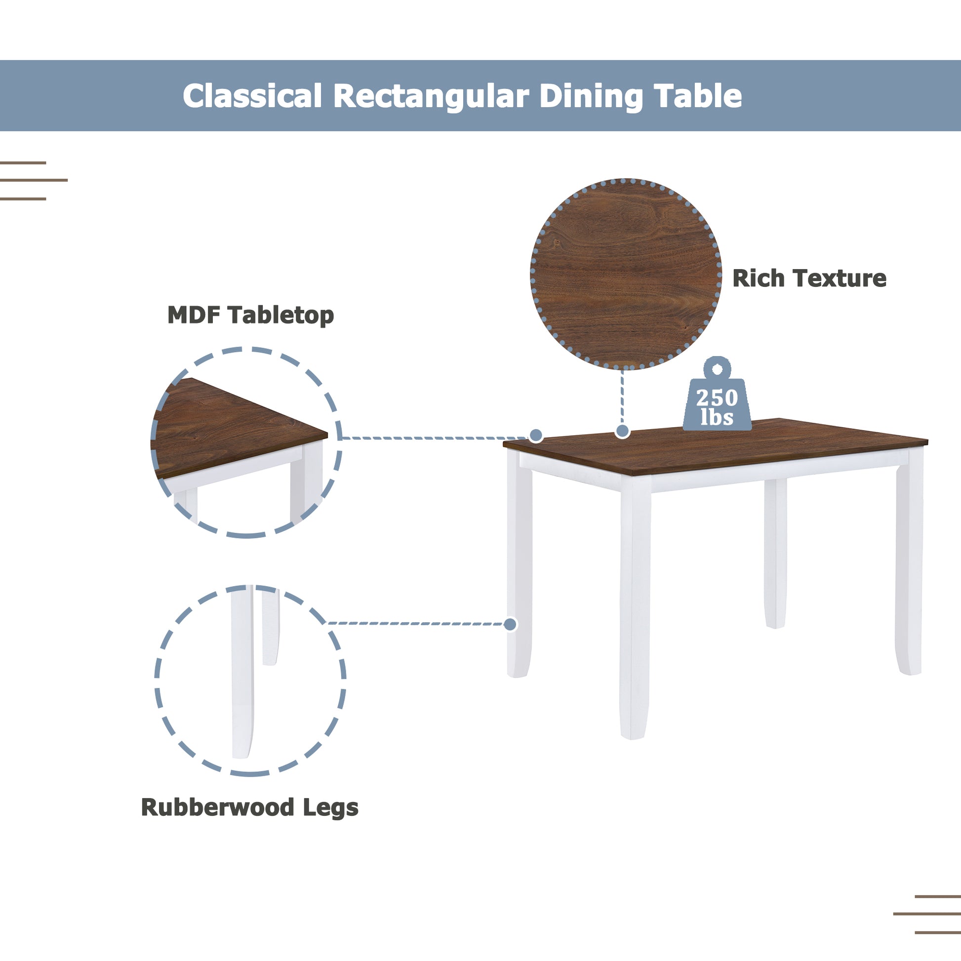 Classical rectangular dining table with rich walnut MDF tabletop and white rubberwood legs
