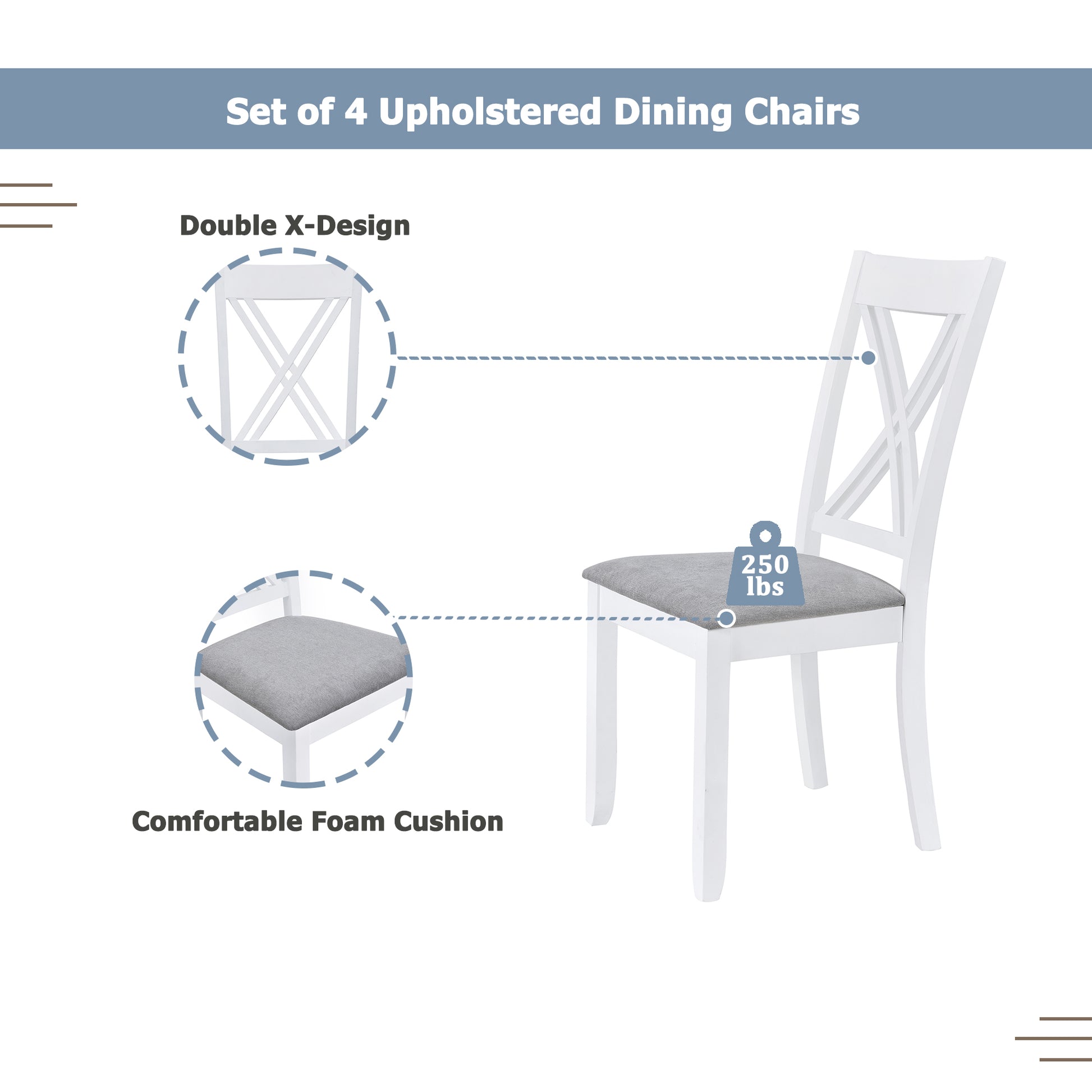 White upholstered dining chair with double xback design