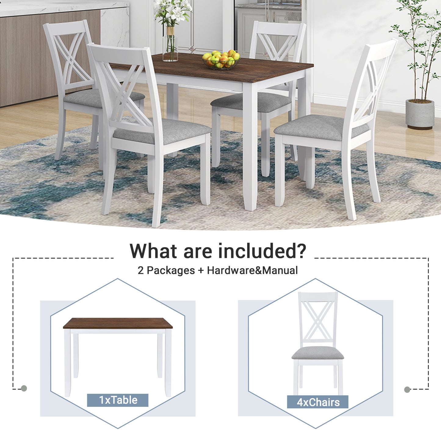 White dining chairs with grey upholstered seats and crisscross backs