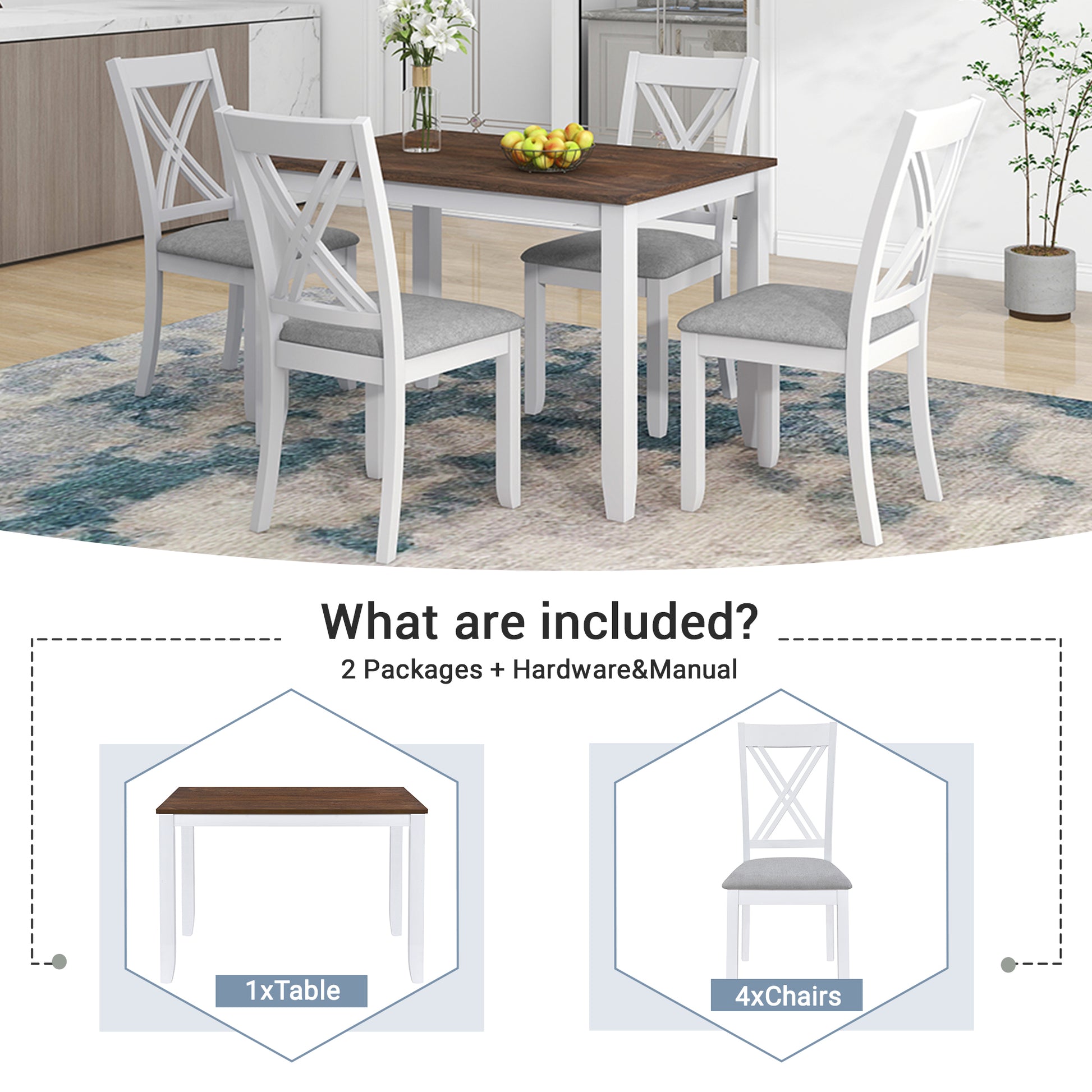 White dining chairs with grey upholstered seats and crisscross backs