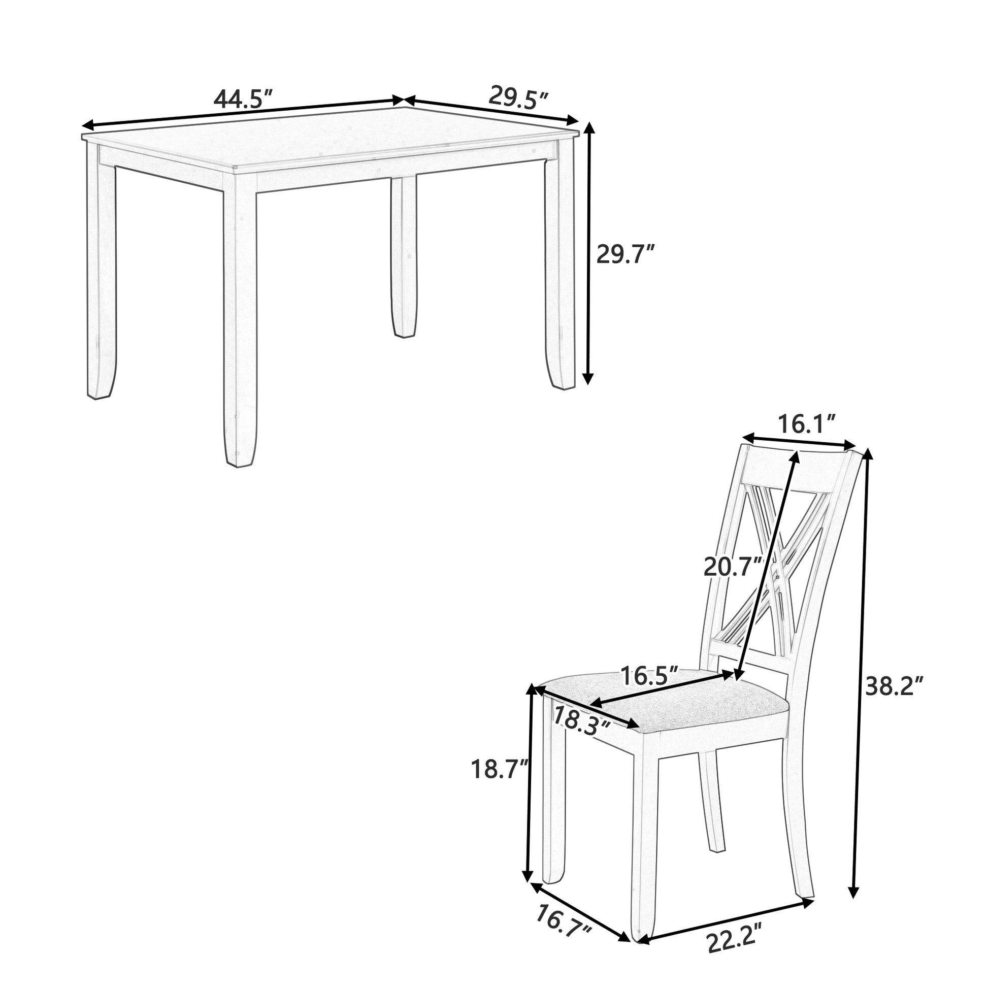 Sketch of dining table and chair with dimensions displayed