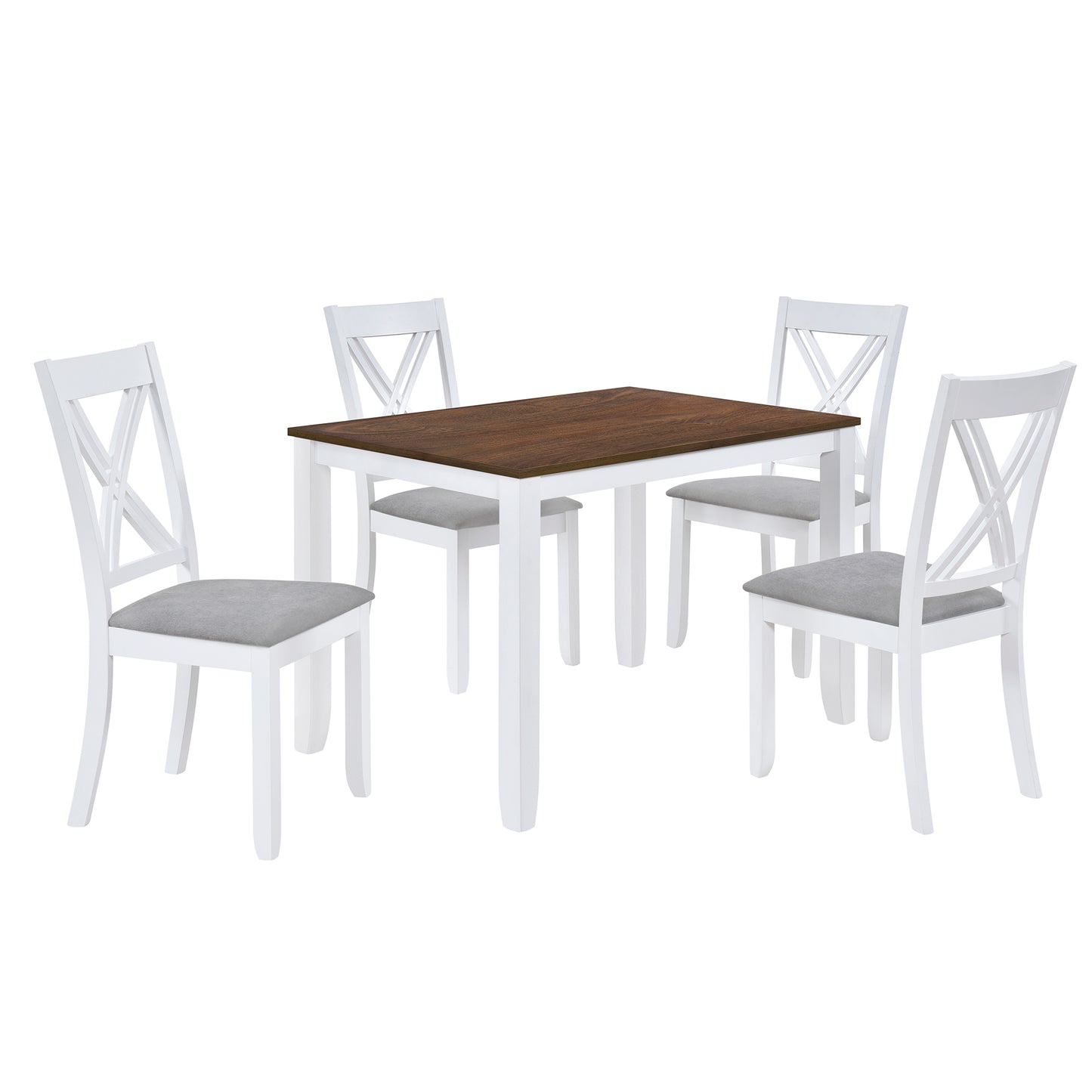 White dining table set with crossback chairs and grey upholstered seats